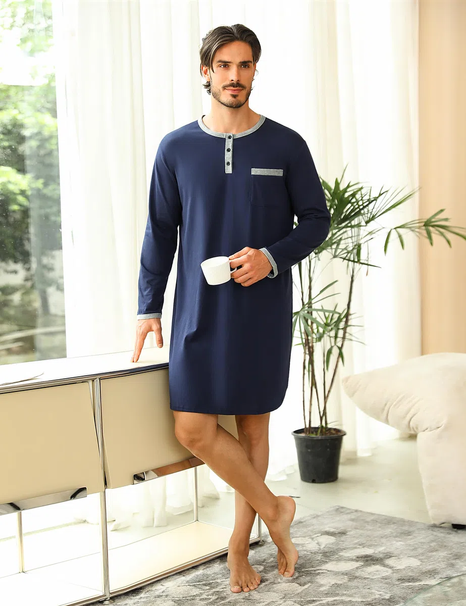 Uniexcosm Maglie Pigiama Uomo, Camicia da Notte Manica Lunga Uomo Girocollo con Bottoni, Pigiami e Abbigliamento da Notte da Uomo con Tasca sul Petto per Casual Ospedale Casa