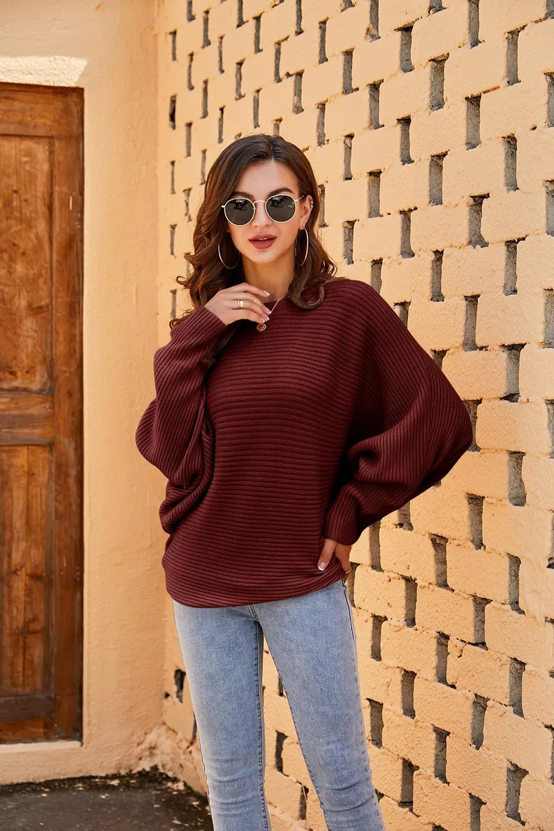 Fessceruna Maglione da Donna Oversize con Maniche a Pipistrello Lavorato a Maglia Invernale con Collo Rotondo Felpa a Coste