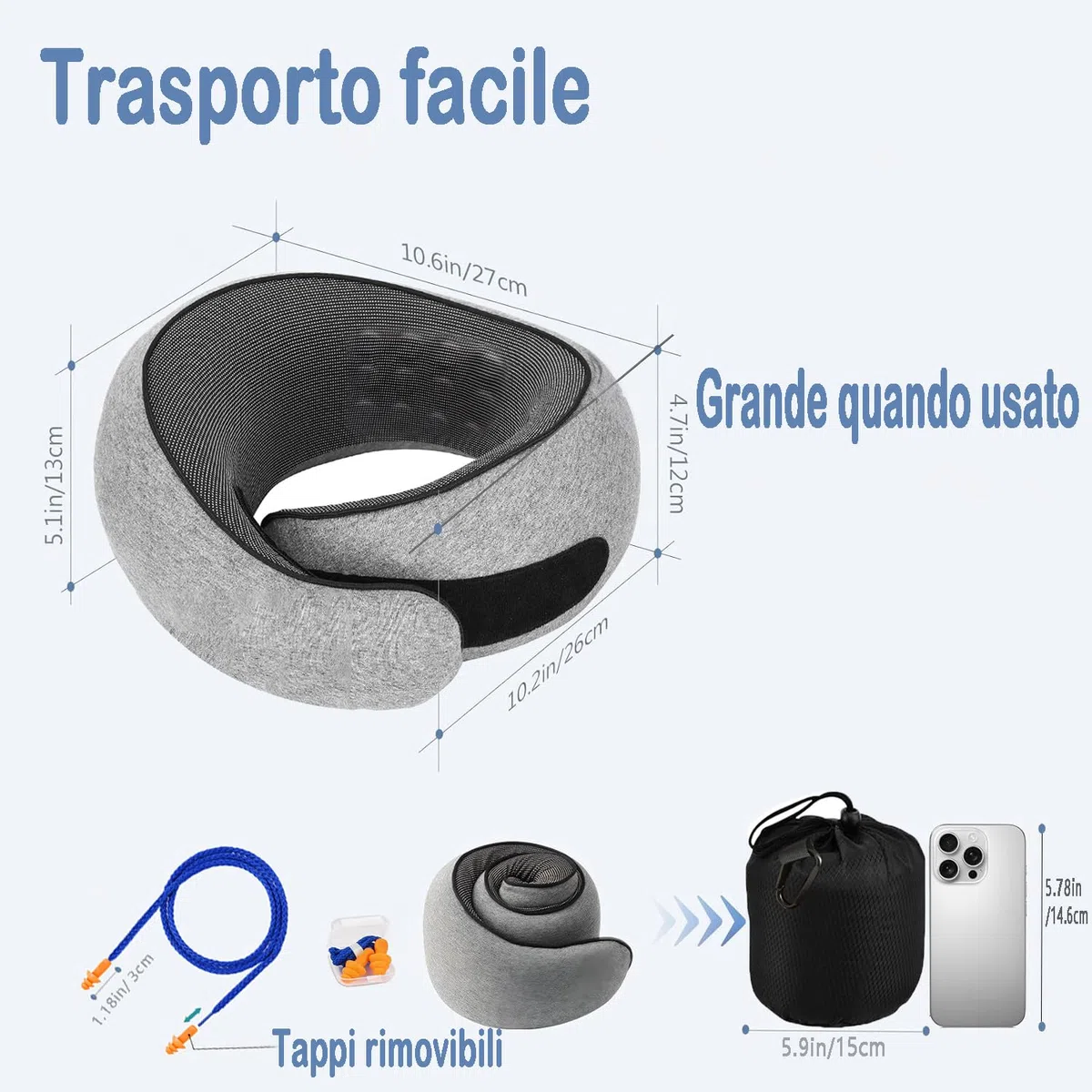Cuscino da Viaggio Memory Foam con Cappuccio Regolabile | Cervicale Ergonomico 360° Aereo Treno Auto Ufficio | Federa Lavabile - Incluso Custodia e Tappi (Grigio Chiaro)