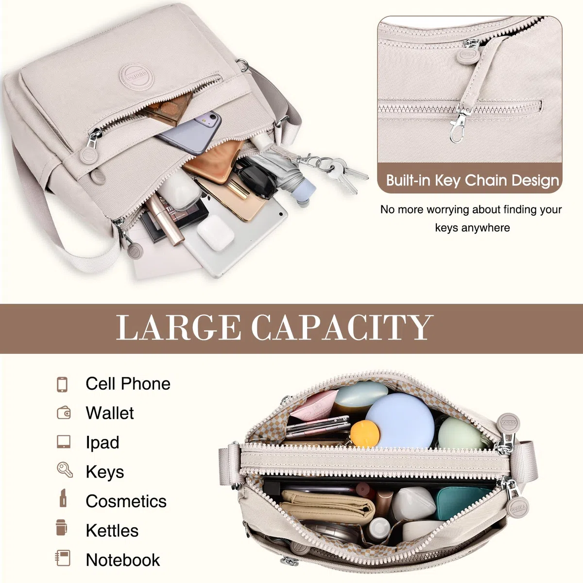 Borsa Tracolla Donna Impermeabile Nylon Borse Spalla con Tracolla Regolabile Multitasche Borsetta Tracolla Casual Moda Borsa Messenger Cerniera Crossbody Bag per Viaggio Shopper Sportiva Scuola