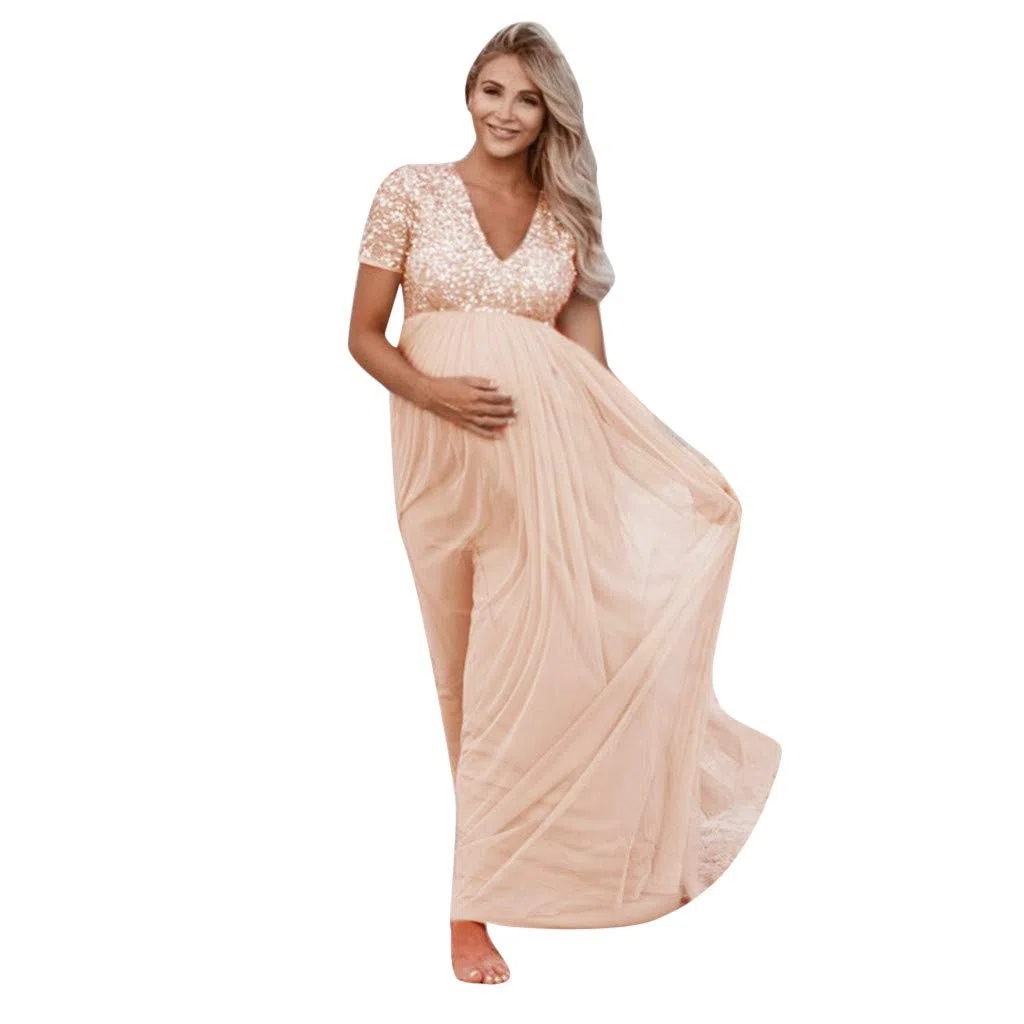 Abiti Eleganti Donne Incinte, Abito in Chiffon Incinta Fotografia Puntelli Fancy Servizio Fotografico per Beach, Vestiti Donne Incinte Gonne fotografiche di maternità,Vestiti Premaman con Paillettes