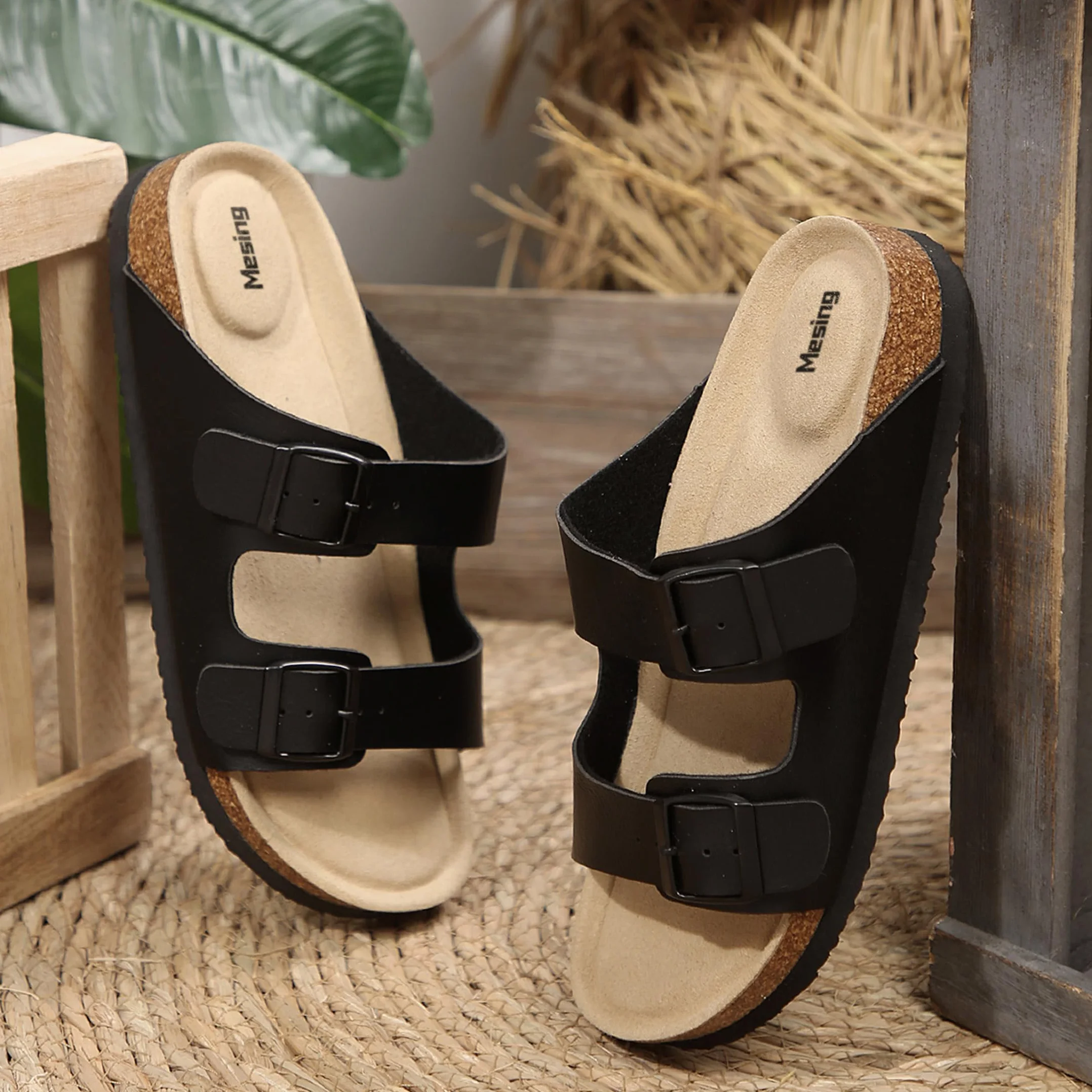 Mesing Ciabatte Sandali Donna Uomo Estive con Plantare in Sughero Comodi Slide Ortopedici Doppia Fibbia Pelle Scamosciata Antiscivolo Pantofole