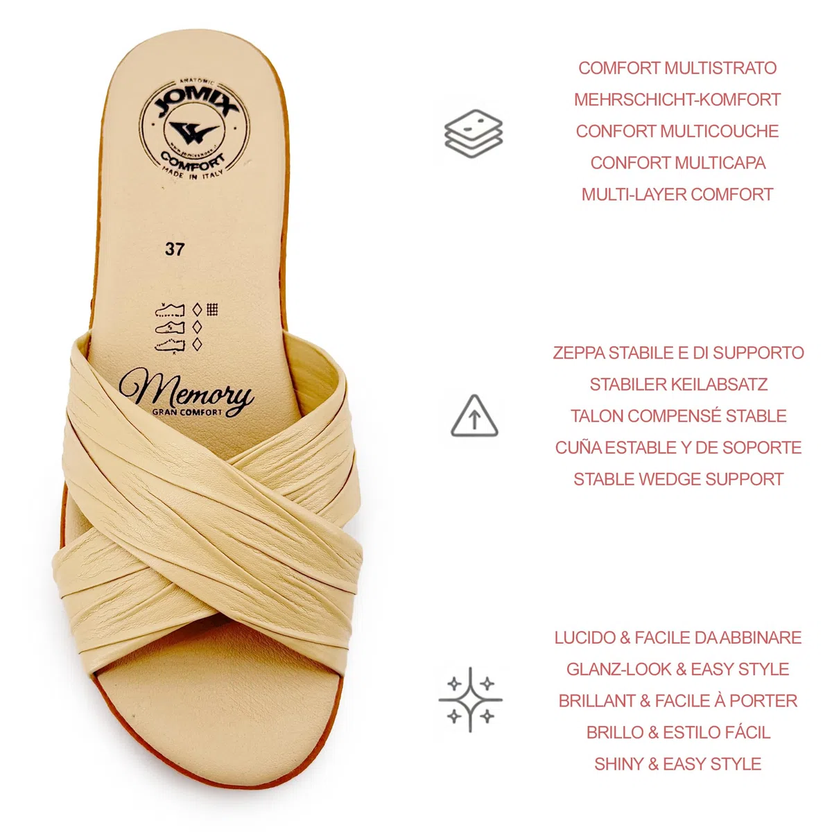 JOMIX Ciabatte Donna Estive Zeppa Comfort Memory Made in Italy Sandali Comodi con Fasce Incrociate Metallizzate Plantare Morbido Anatomico Suola Antiscivolo Leggera per Casa Città e Tempo Libero