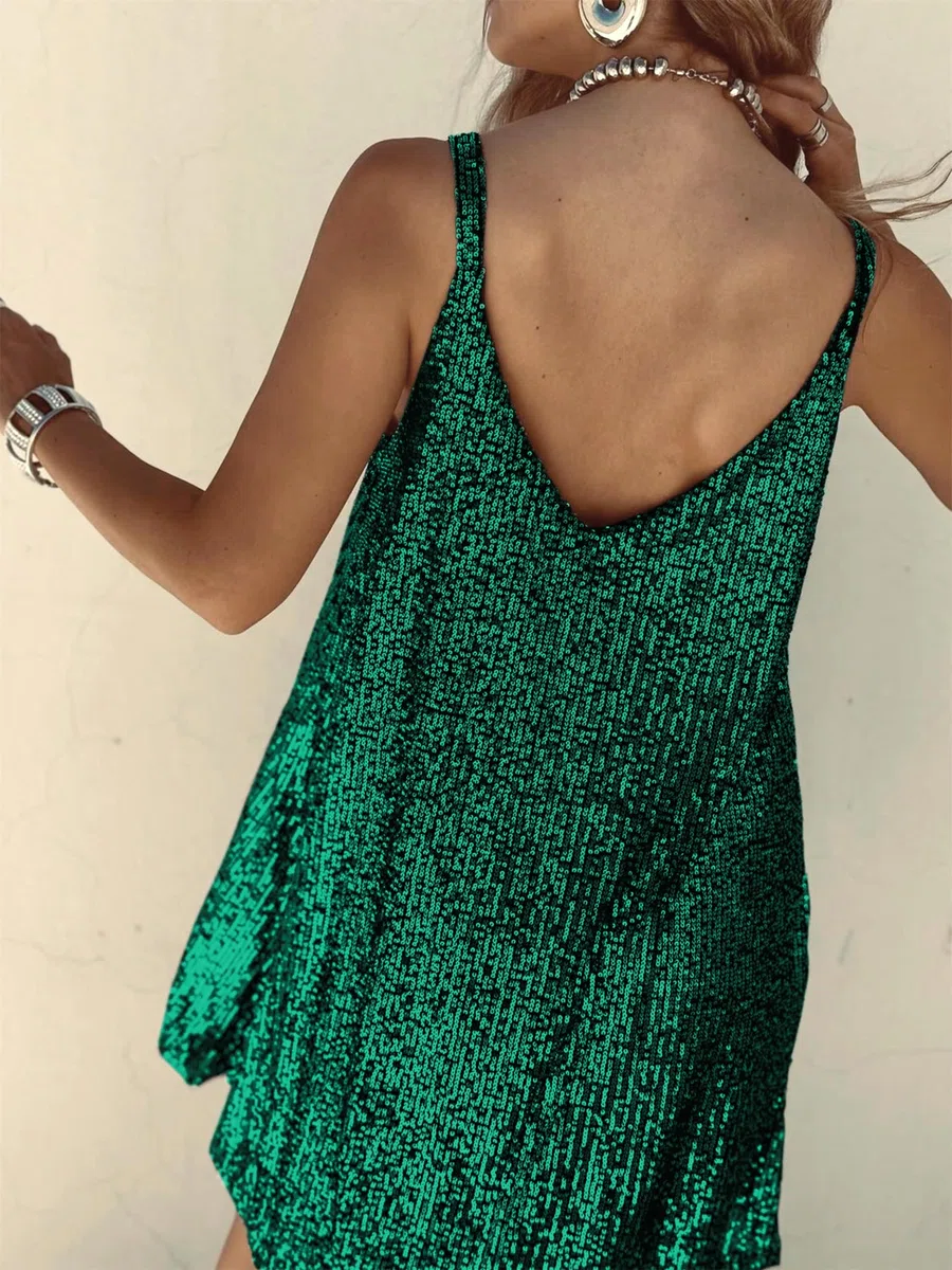 Gonna in Paillettes Abito Corto da Donna Abito Camisole Sexy con Scollo a V,Bretelle Sexy, Abito in Paillettes, Abito Aderente