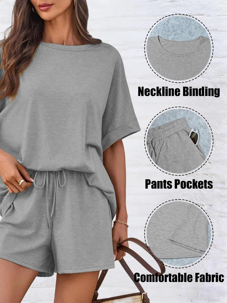 Tuta da Donna Estiva 2 Pezzi Girocollo a Maniche Corte a Pantaloncini Vita Alta con Tasche Completo Sportiva Due Pezzi Casual