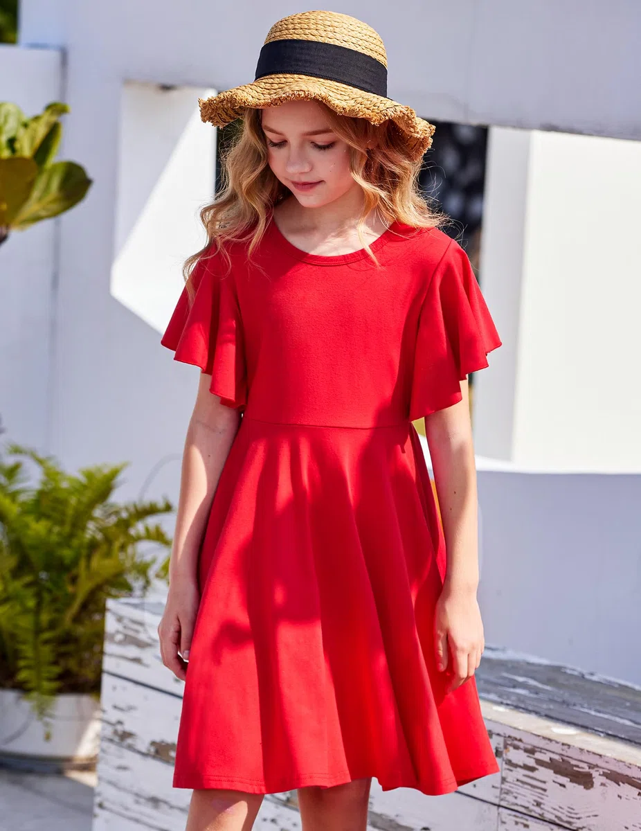 Arshiner Abito da Bambina con Maniche a Farfalla, Svasato, Scollo Rotondo, Estivo, in Cotone, per Feste, Matrimoni, Abbigliamento Casual per Bambini, con Tasca, 5-13 Anni