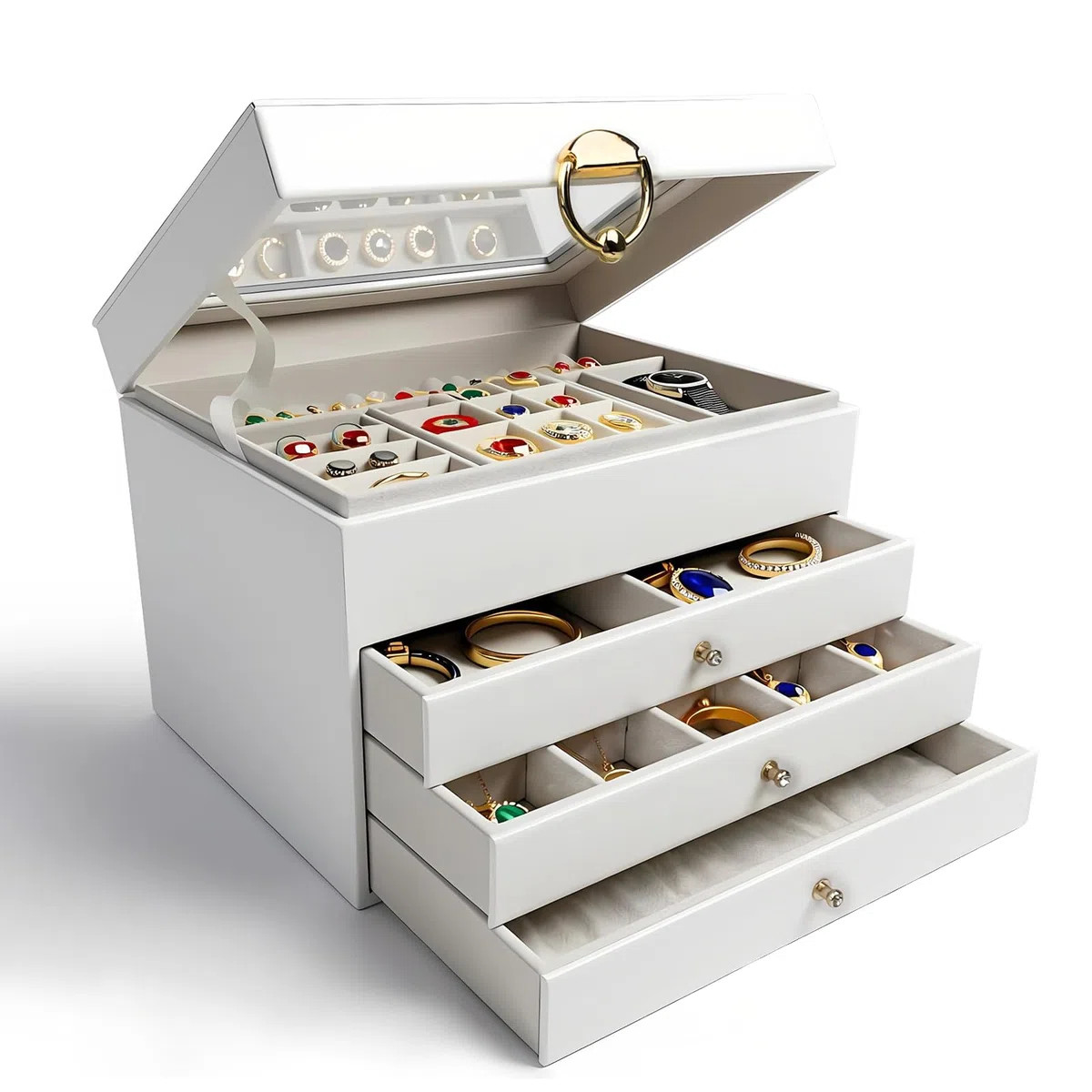 Scatola Portagioie Donna, 4 Ripiani in Pelle PU,Organizzatore di Gioielli di Grande Capacità, Grande Gioielli Scatola Organizer per Anelli Bracciali Orecchini Collane, Bianco