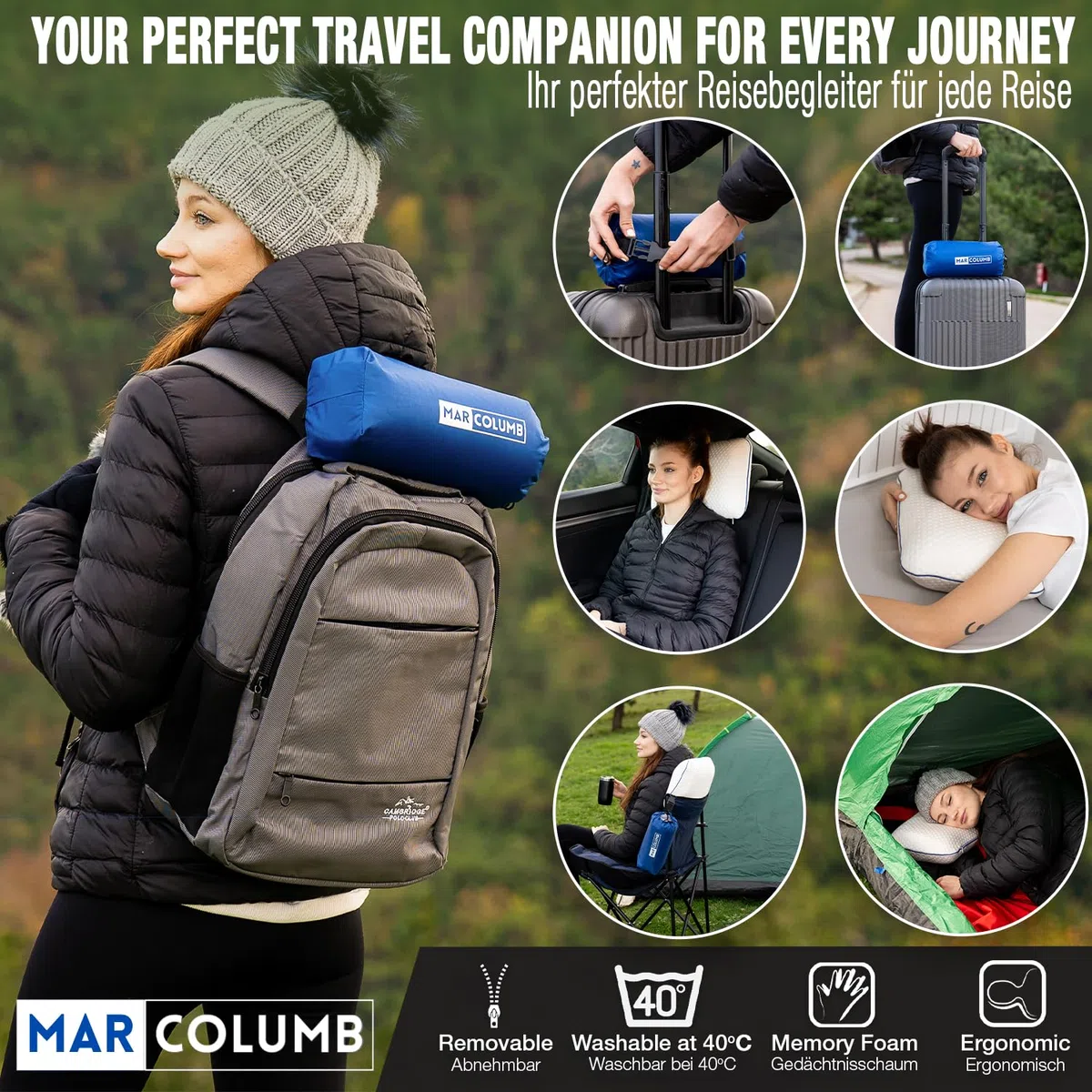 Cuscino da viaggio – Supporto ergonomico per il collo da campeggio in memory foam con federa termoregolante – Borsa da viaggio impermeabile inclusa (Nero)