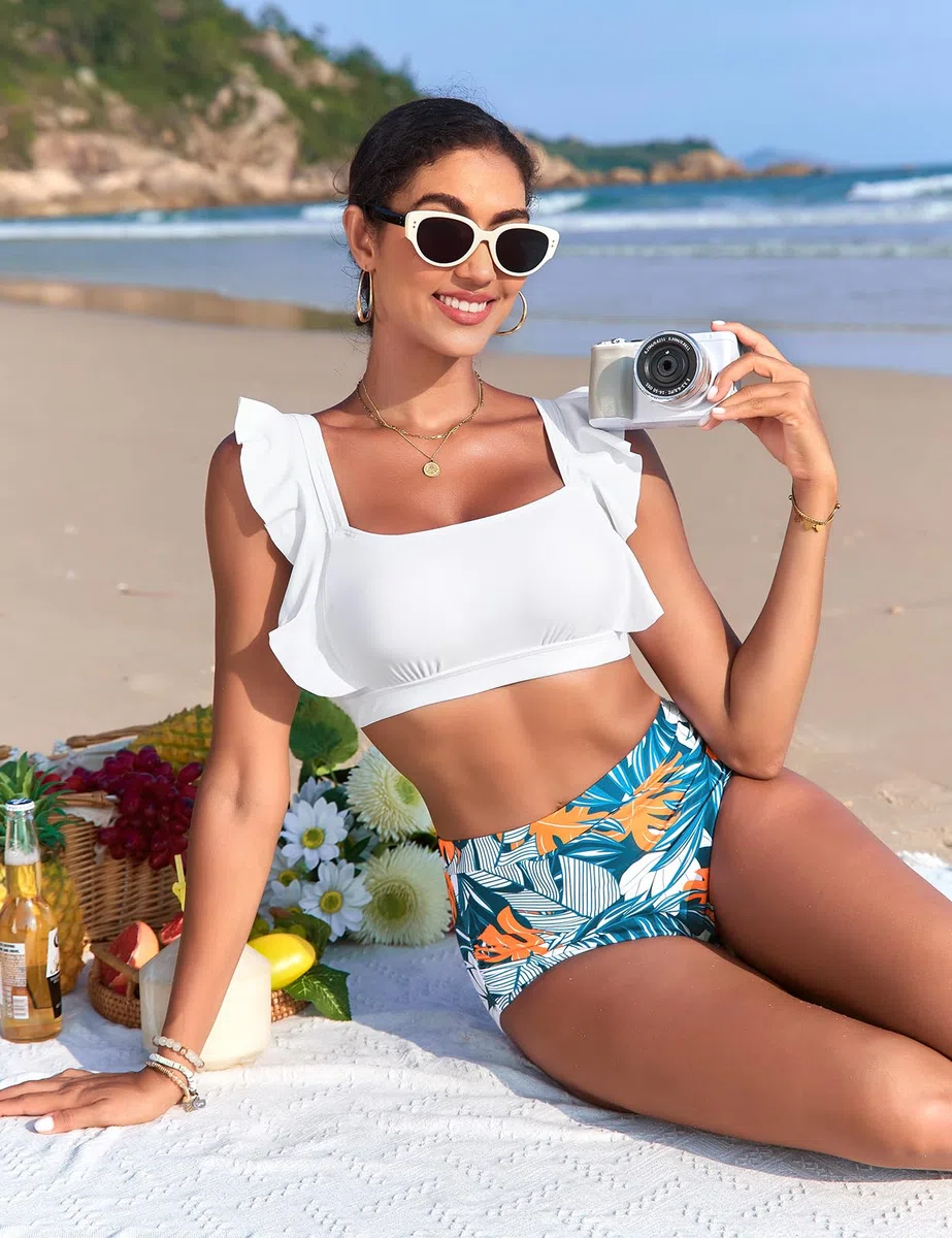 Costume Donna Due Pezzi Vita Alta Bikini Push-up con Scollo Quadrato Costumi da Bagno Piscina e da Spiaggia da Eleganti Dettagli con Volant