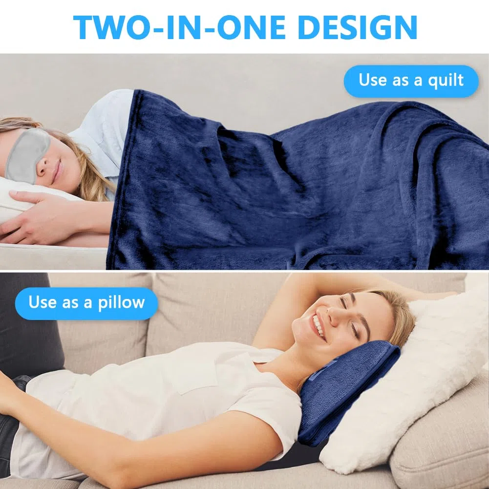 Flintronic Coperta da Viaggio 2 in 1, 155 x 130 cm, morbida coperta aeronautica con federa e tappi per le orecchie, ultraleggera per vacanze, ufficio, casa, viaggi d'affari (blu