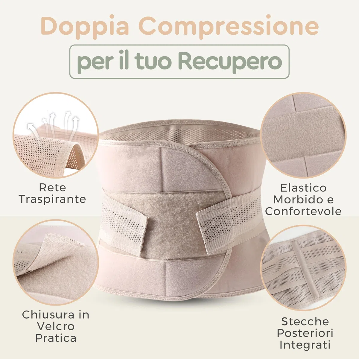 BellyHug – Fascia Post Parto per Recupero Addominale | Pancera Contenitiva Ideale Dopo Cesareo, Compressione Regolabile e Traspirante (Beige, L)