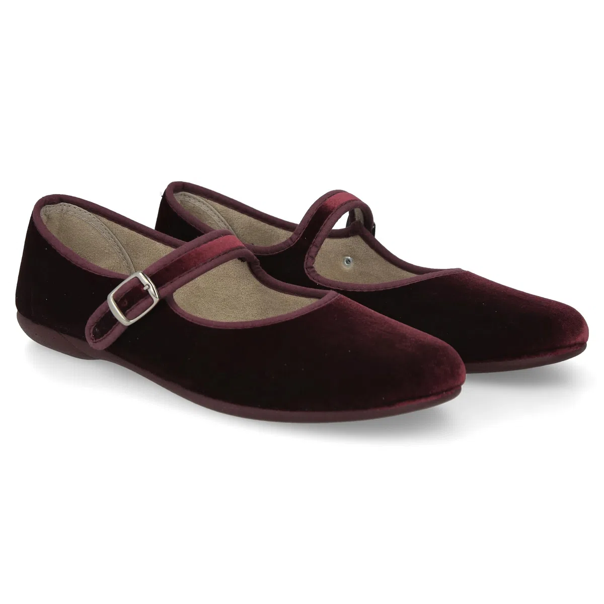 Mary Jane in Velluto da Donna. Ballerine Basse, Casual, Maryjane, Sandali Comodi. Prodotto in Spagna. Chiusura con Fibbia. Colore Nero e Bordeaux