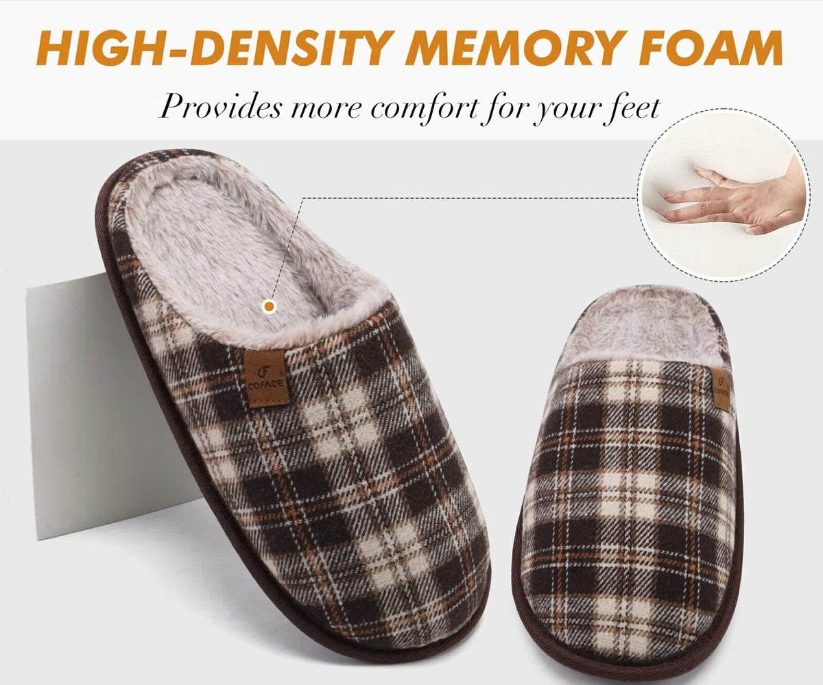 COFACE Pantofole da Uomo Invernali Plaid, Comoda Memory Foam Calde Scarpe da Casa in Lana con Suola Antiscivolo 40-49