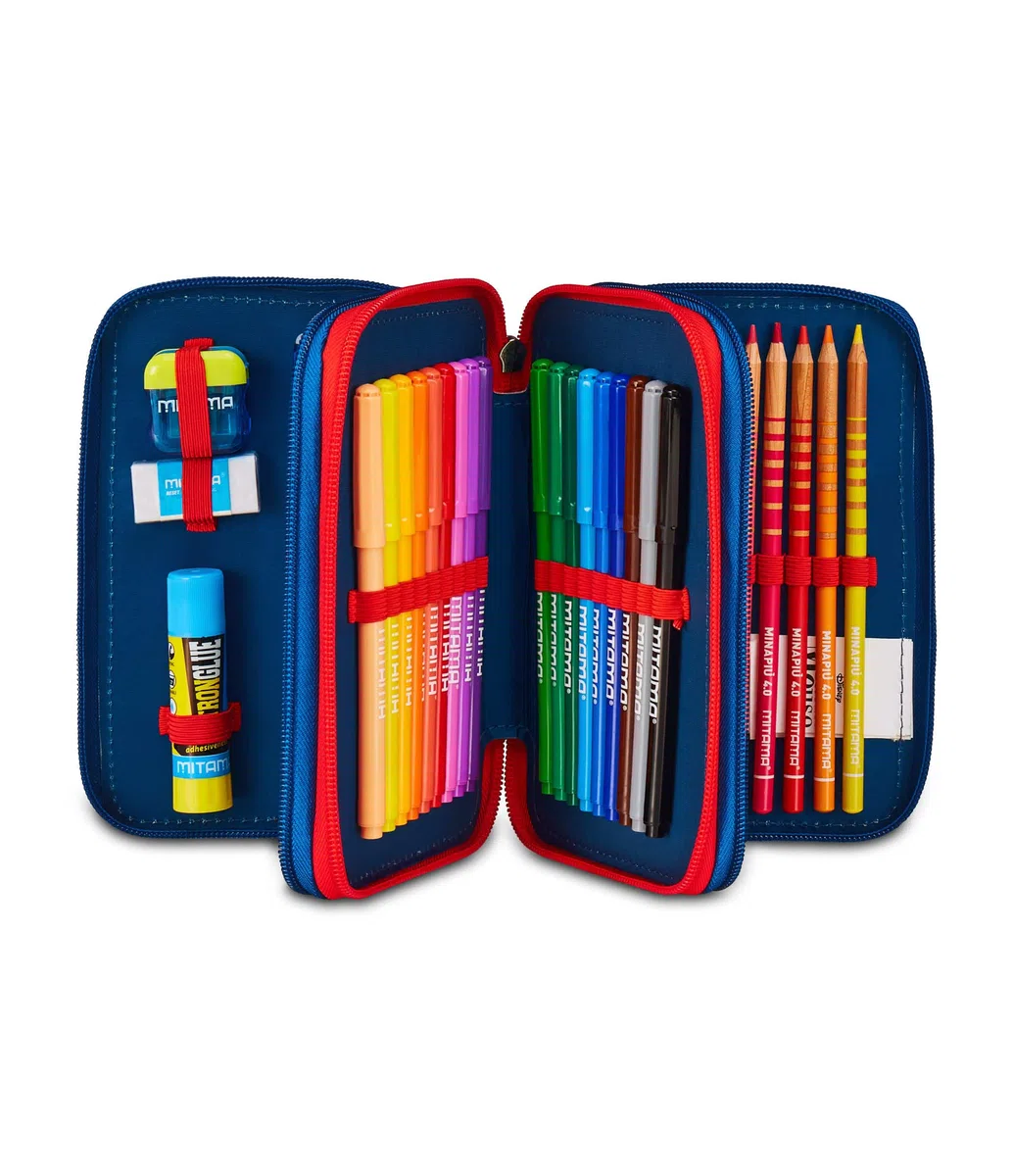 Seven Minnie Astuccio Scuola 3 Zip, Blu Denim, Portapenne Triplo Scomparto Completo Di Penne, Matite, Colori, Scuole Elementari, Bambina