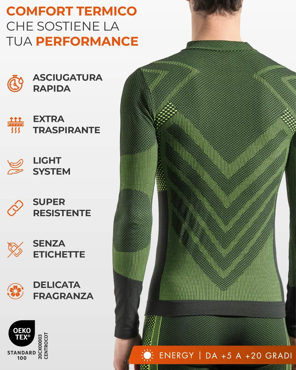 Risalti Lupetto Maglia Termica Uomo Collo Alto Energy - Maglia Tecnica Uomo Manica Lunga, Traspirante, Compressione, Intimo Termico Senza Etichette, Sci, Trekking, Running, Ciclismo - Made in Italy