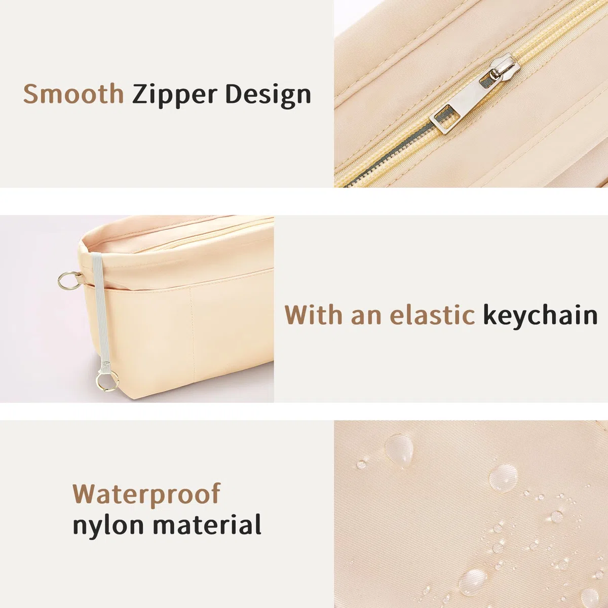 HyFanStr Nylon Organizer da Borsa Donna, Zip Interno Borsa Organizer, Beige Bag Organizer Piccolo