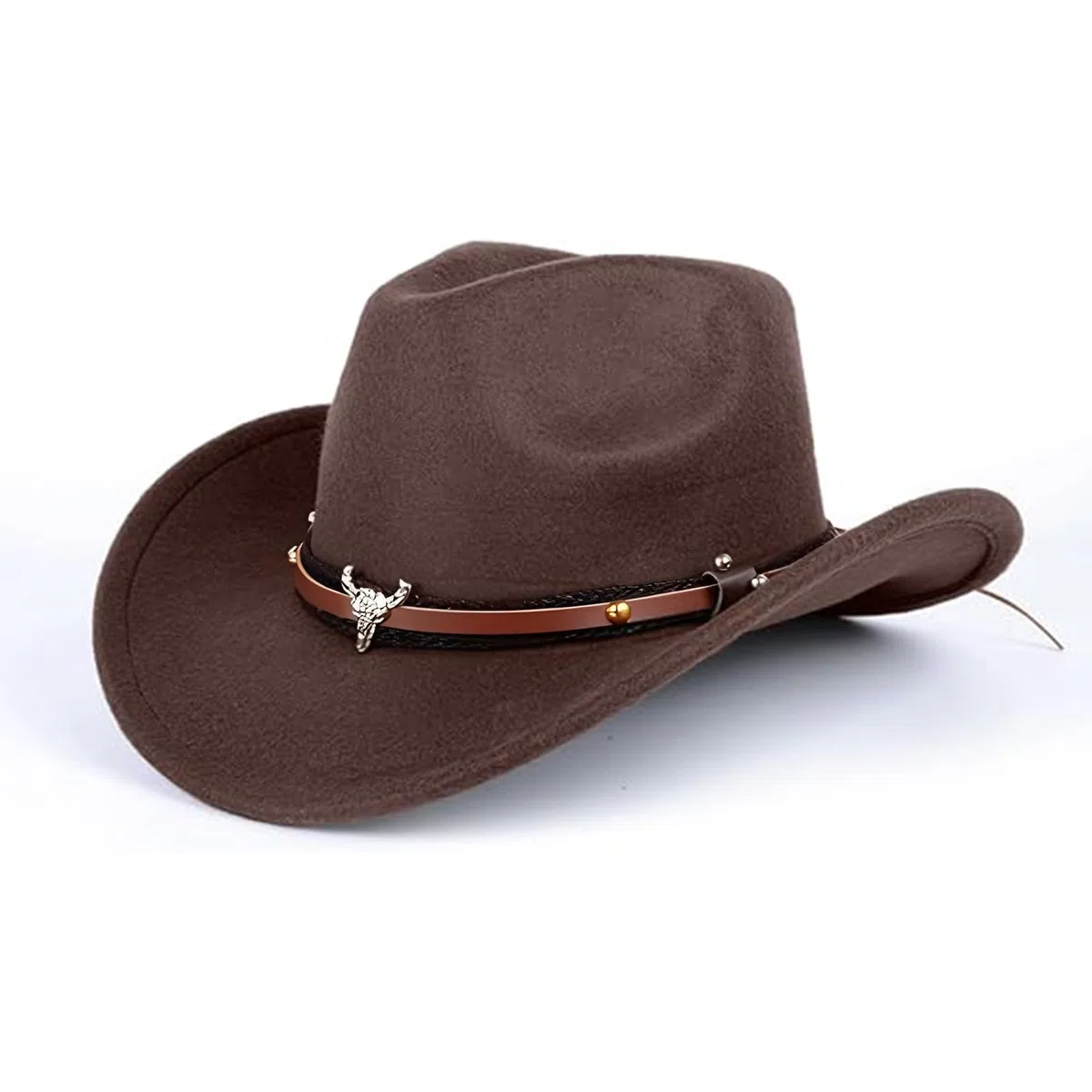 Cappello da Cowboy per Donne e Uomini, Cappelli da Cowgirl in Finta Pelle e Feltro con Tesa Larga per Esterni con Cinturino, Marrone