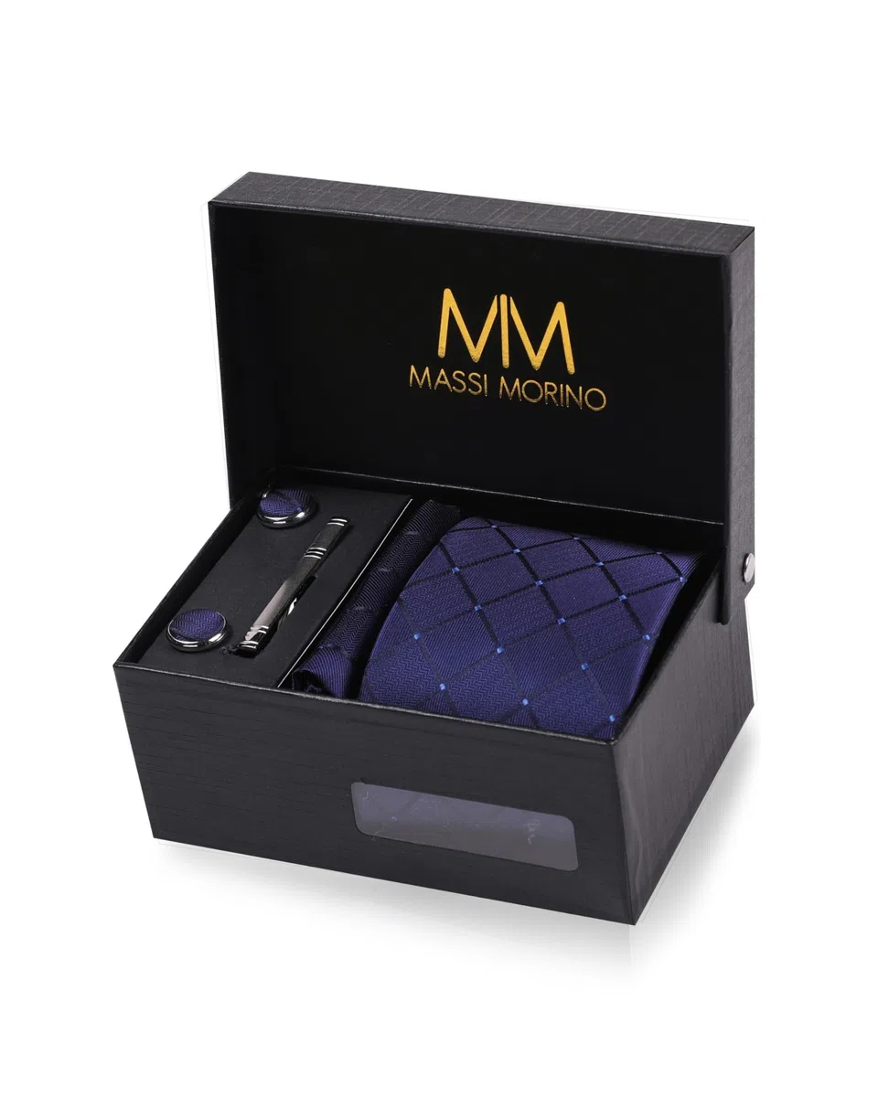 Massi Morino Cravatta e Fazzoletto da Uomo con Gemelli e Fermacravatta, Parure Set | Accessori Sposa | Cravatta Elegante con Confezione Regalo