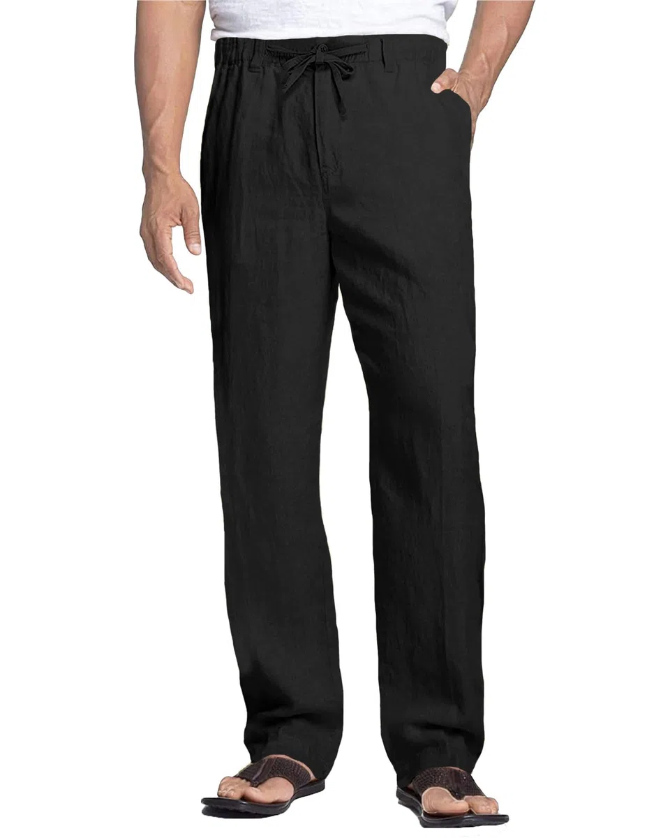 Cegerne Pantaloni di Lino Uomo Estivo Lungo Leggero Casual, Vita Elastica Zip e Coulisse, Tasche Traspiranti per Spiaggia Vacanze Quotidiano, Nero, XL