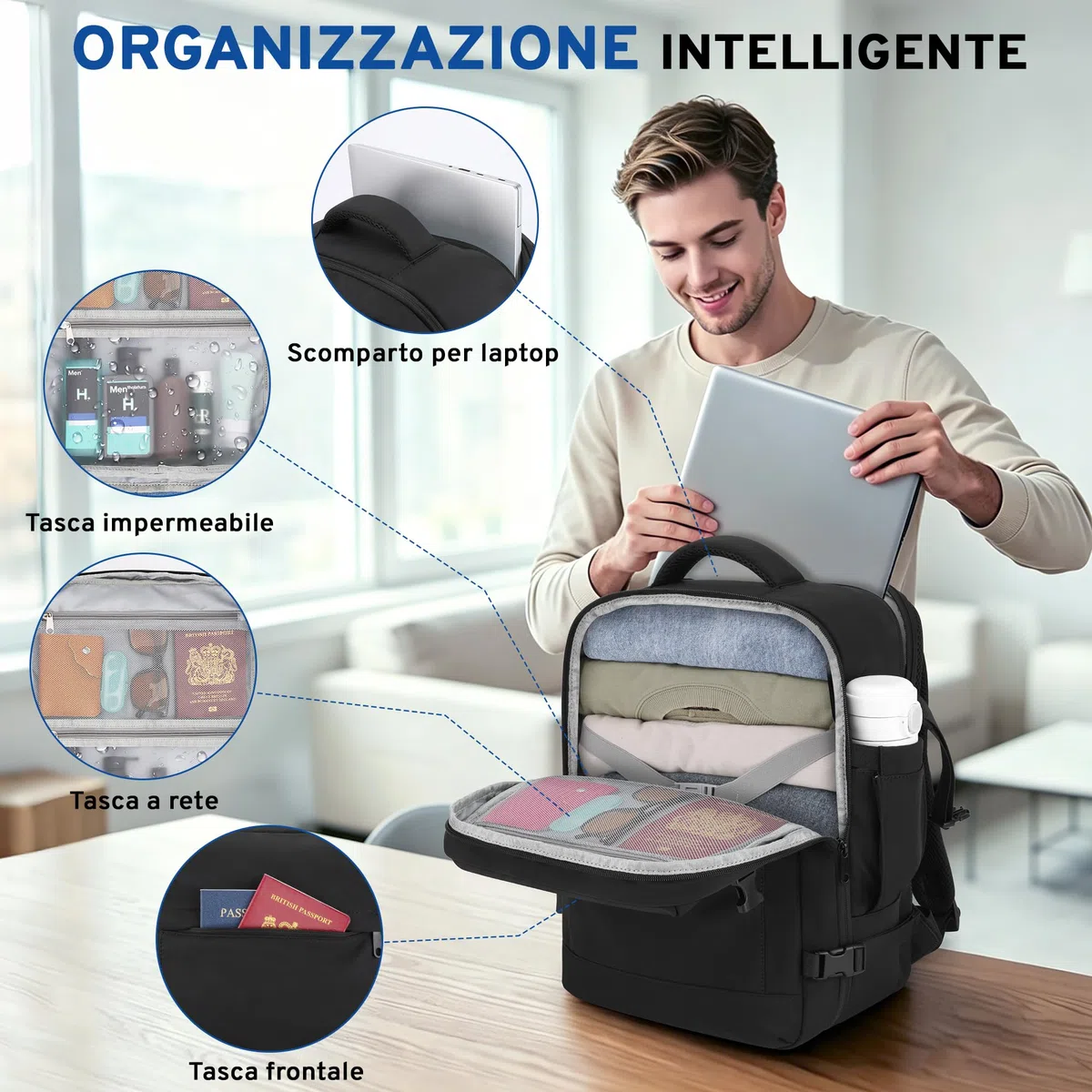 ETRONIK Zaino Ryanair 40x30x20, 24L Zaino da Viaggio Aereo Cabina Resistente all'Acqua, 15,6 Pollici Zaini PC Bagaglio a Mano 40x30x20, Borsa Valigia 10 Kg Uomo Donna per Eurowings EasyJet, Nero