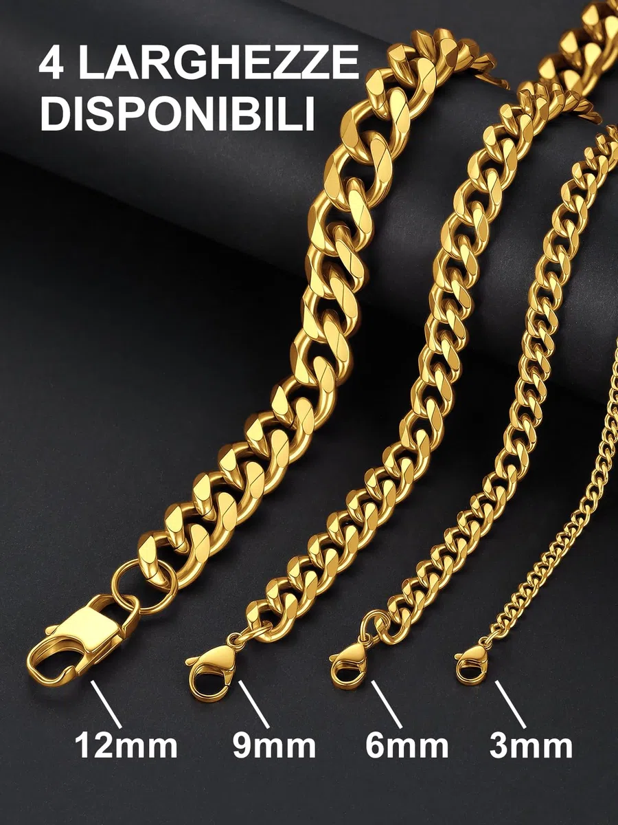 Suplight Collana Uomo Donna in Acciaio Inossidabile a Catena Maiglia Cubana Miami Colore Oro/Argento/Nero Larghezza 3/6/9 mm Lunghezza 36/46/51/56/61/66/71/76 cm Stile Hip Hop Punk