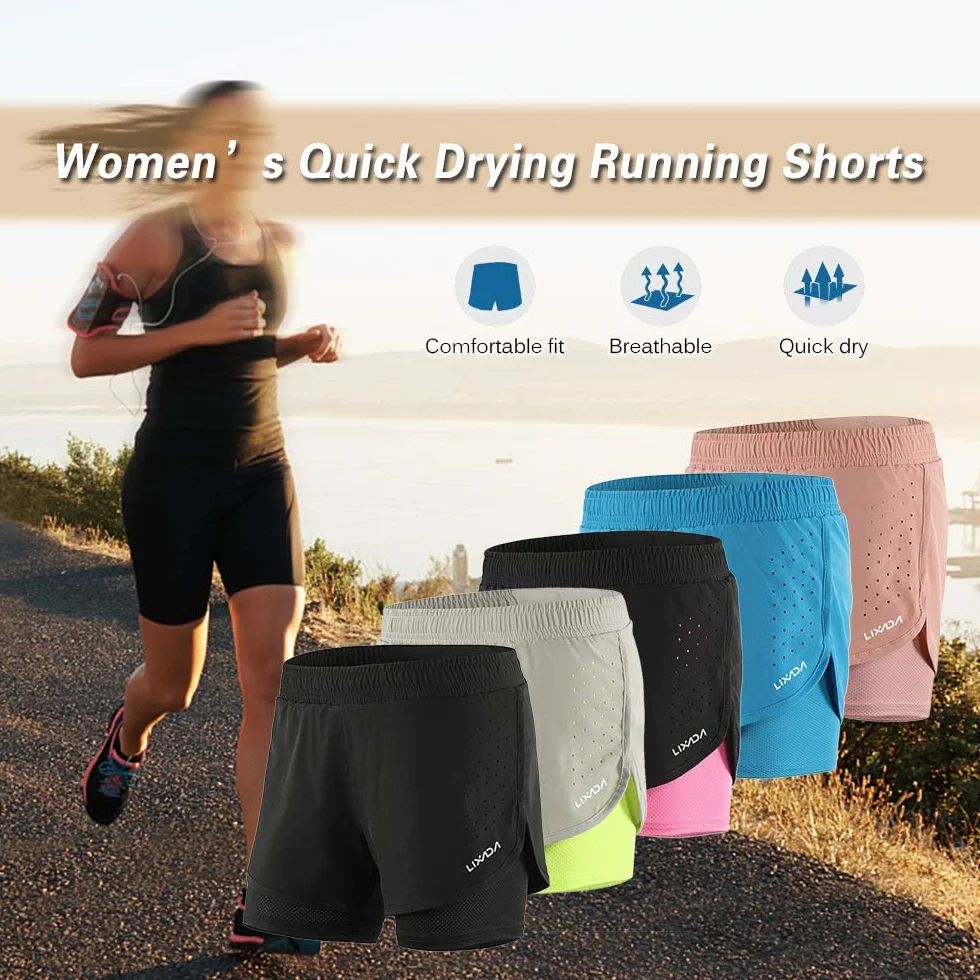 Lixada Pantaloncini da Corsa 2 in 1 da Donna, ad Asciugatura Rapida, Traspiranti, Allenamento Attivo