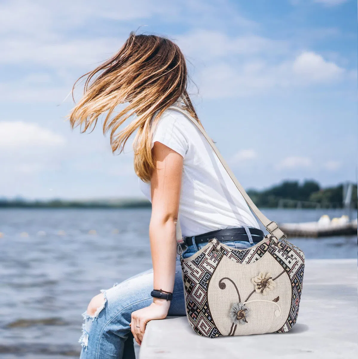 Borsa a tracolla da donna, stile etnico, stile bohémien, borsa a tracolla per senzatetto. Borsa hobo per ragazza