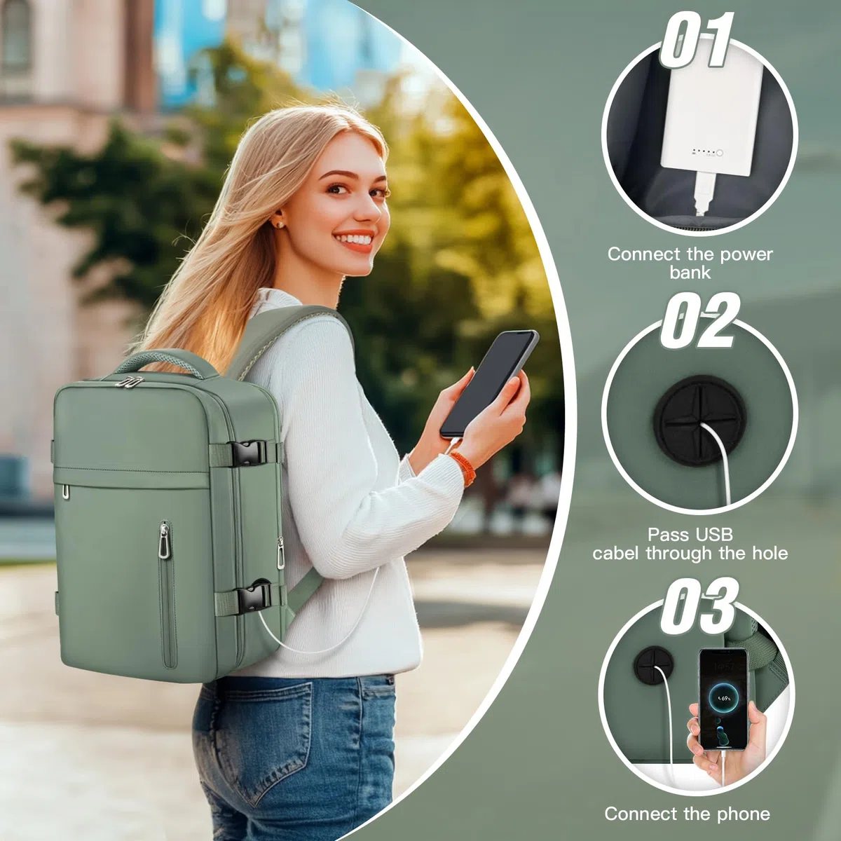 OTAHGK Zaino da Viaggio 40 × 30 × 20 per Ryanair, Bagaglio a Mano Sotto il Sedile Aereo Borsa da Cabina Voli Zaini Casual Valigia Ufficio Scolastico Lavoro Borse Adatto a Laptop da 14 pollici-Verde