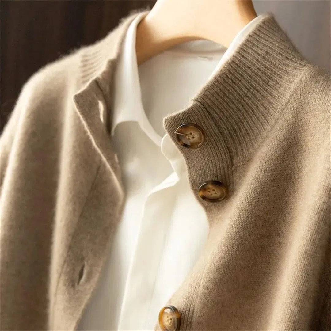 Alloaone Cardigan in Maglione di Cashmere A Maniche Lunghe da Donna con Maglione Lavorato A Maglia di Lana Sciolta A Collo Mezzo Alto