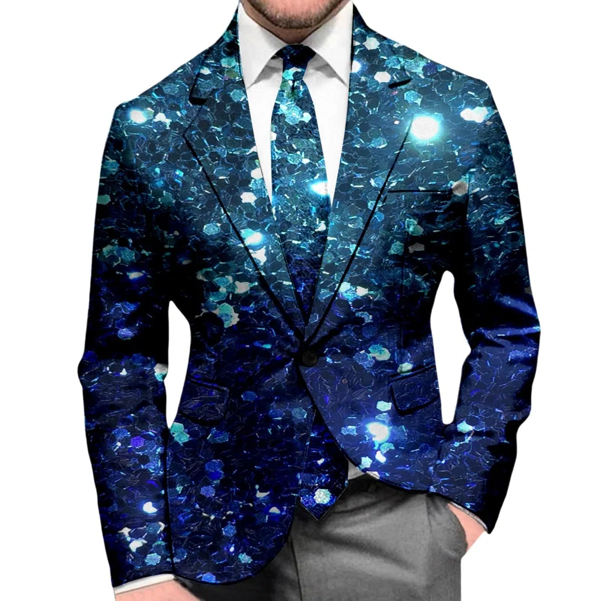 Giacca con brillantini, da uomo, sportiva, con paillettes, costume da carnevale, blazer anni '70, a maniche lunghe, slim fit, con un bottone, per matrimoni, feste, carnevale