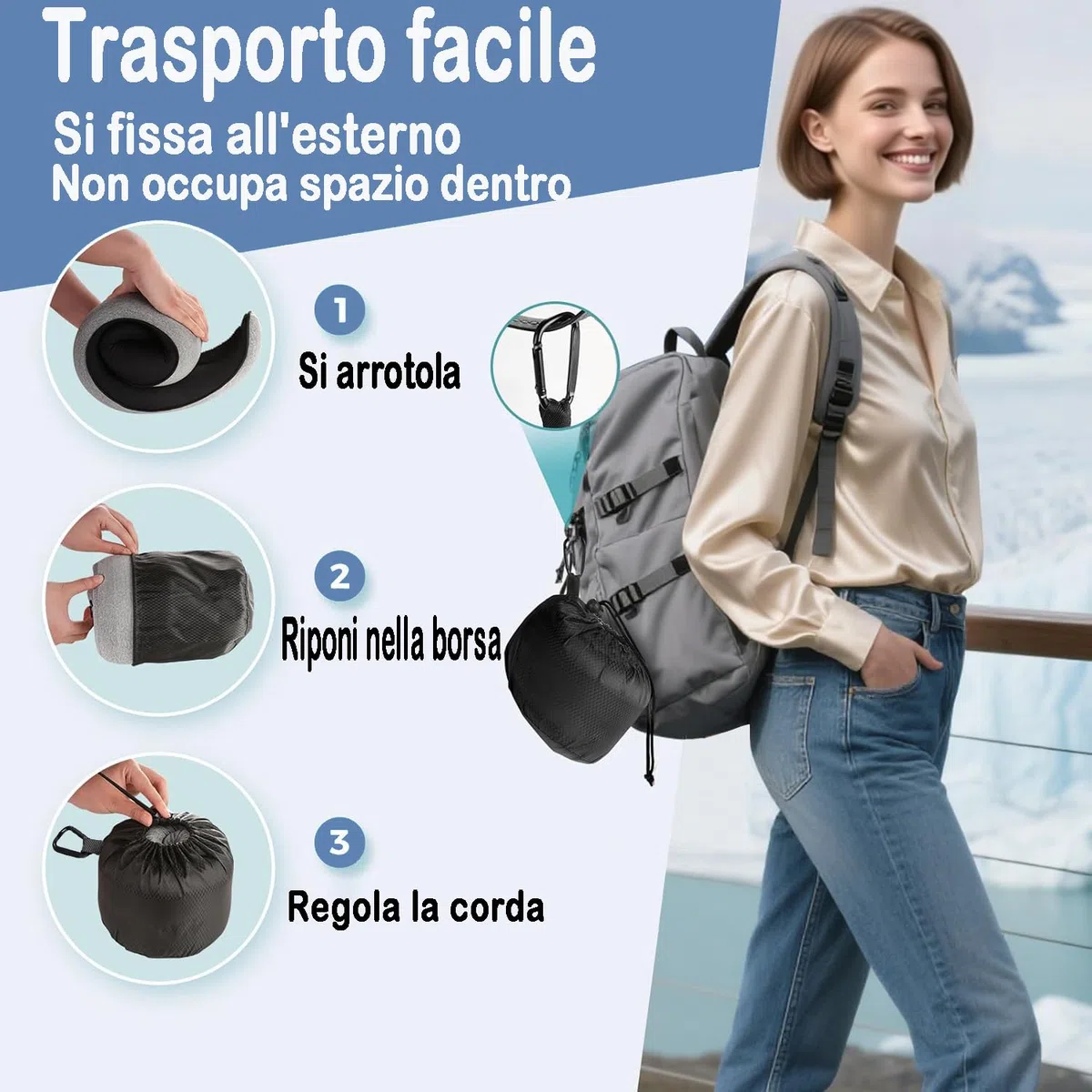 Cuscino da Viaggio Memory Foam con Cappuccio Regolabile | Cervicale Ergonomico 360° Aereo Treno Auto Ufficio | Federa Lavabile - Incluso Custodia e Tappi (Grigio Chiaro)