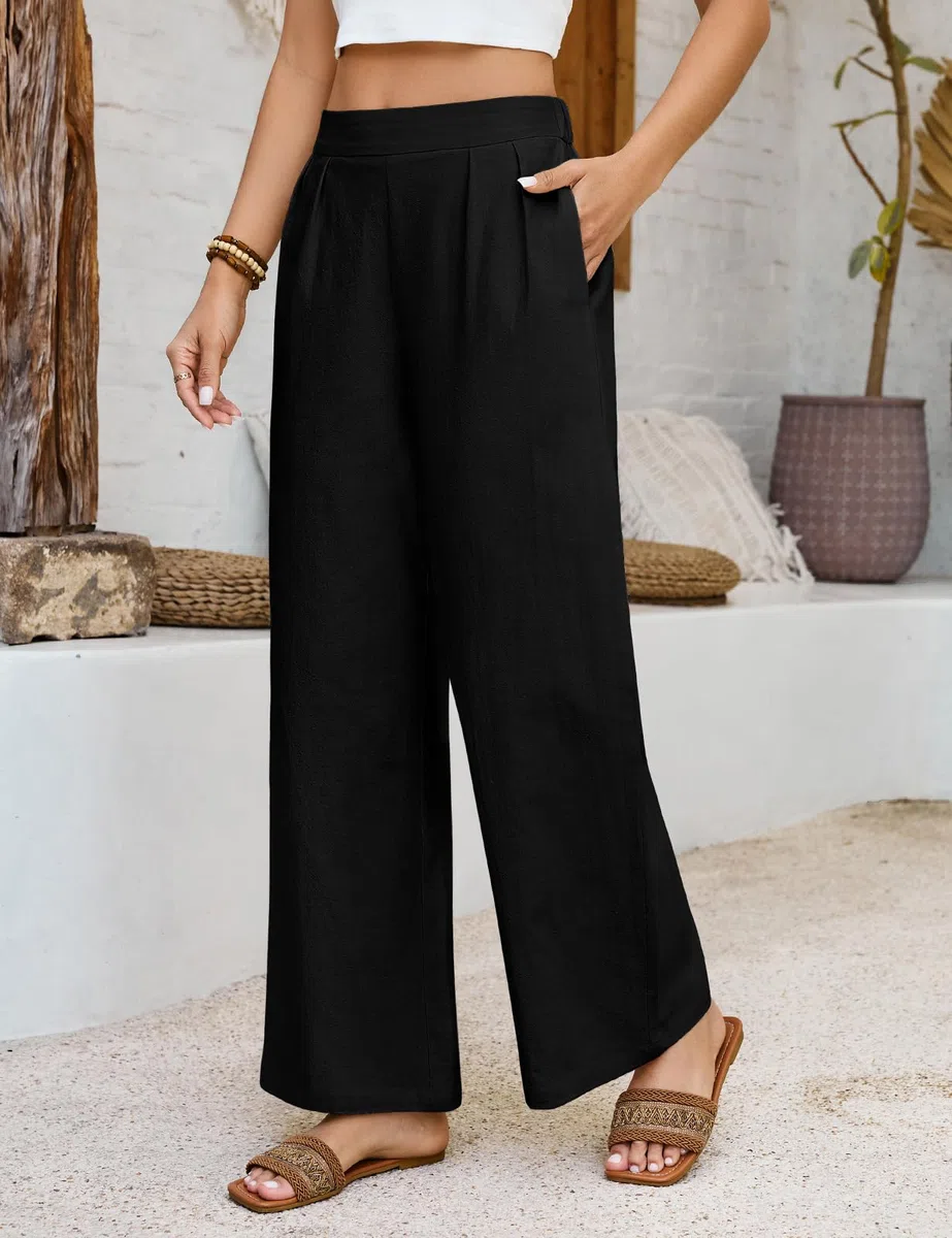 Pantaloni Donna Estivi Cotone Pantaloni Larghi Leggeri Pantalone Elastico Vita Pantaloni Eleganti Casual da Spiaggia Comodi Tinta Unita con Tasche