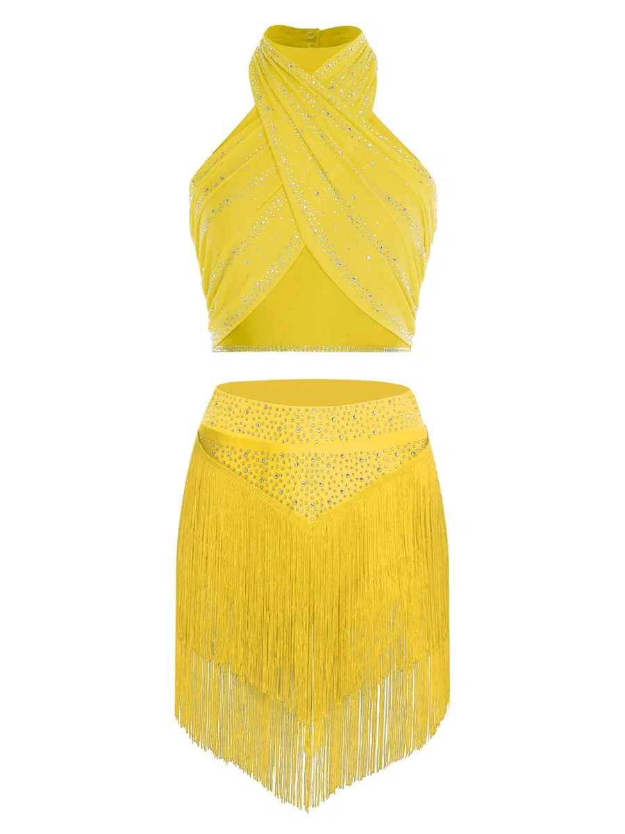 Freebily Abito da Ballo Latino Americano Donna con Frange Nappe Vestito da Danza Salsa Latina Moderna Abito da Pattinaggio Artistico con Strass Costume Danza del Ventre