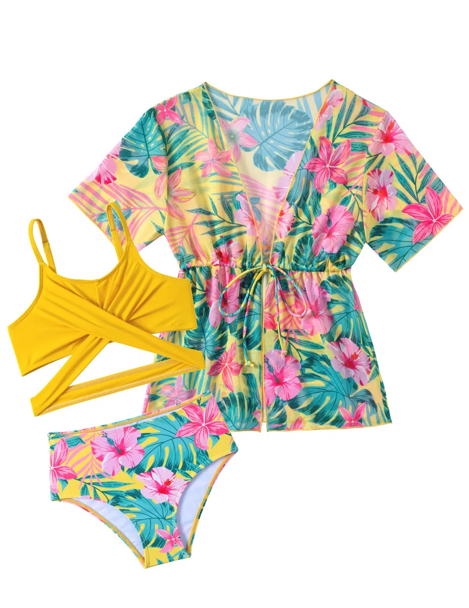 Arshiner Bikini da bambina con pareo, set da 3 pezzi, costume da bagno estivo da spiaggia, bikini per bambini 7-15 anni
