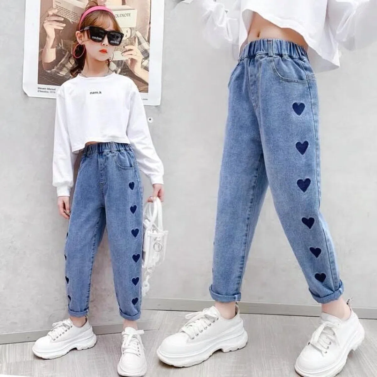 Jeans casual da ragazza con vita elastica con tasche posteriori, jeans perfetti per bambini dai 6 ai 12 anni, comodi pantaloni da ragazza da indossare tutti i giorni