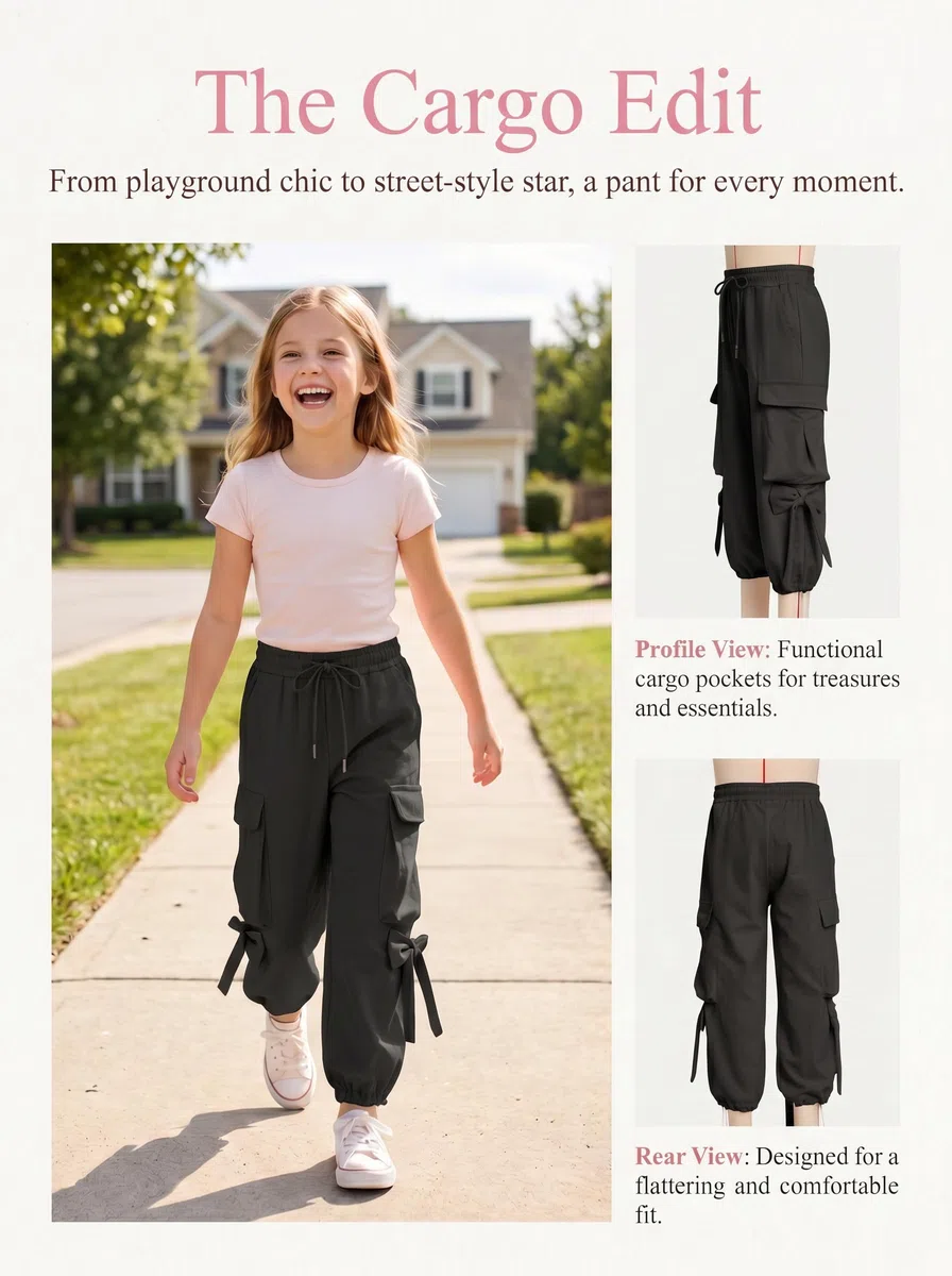 JiAmy Pantaloni cargo larghi da ragazza, con fiocco, elastico in vita, gamba larga, traspiranti, Y2K, estivi, casual, per danza, scuola, gioco, 5-14 anni