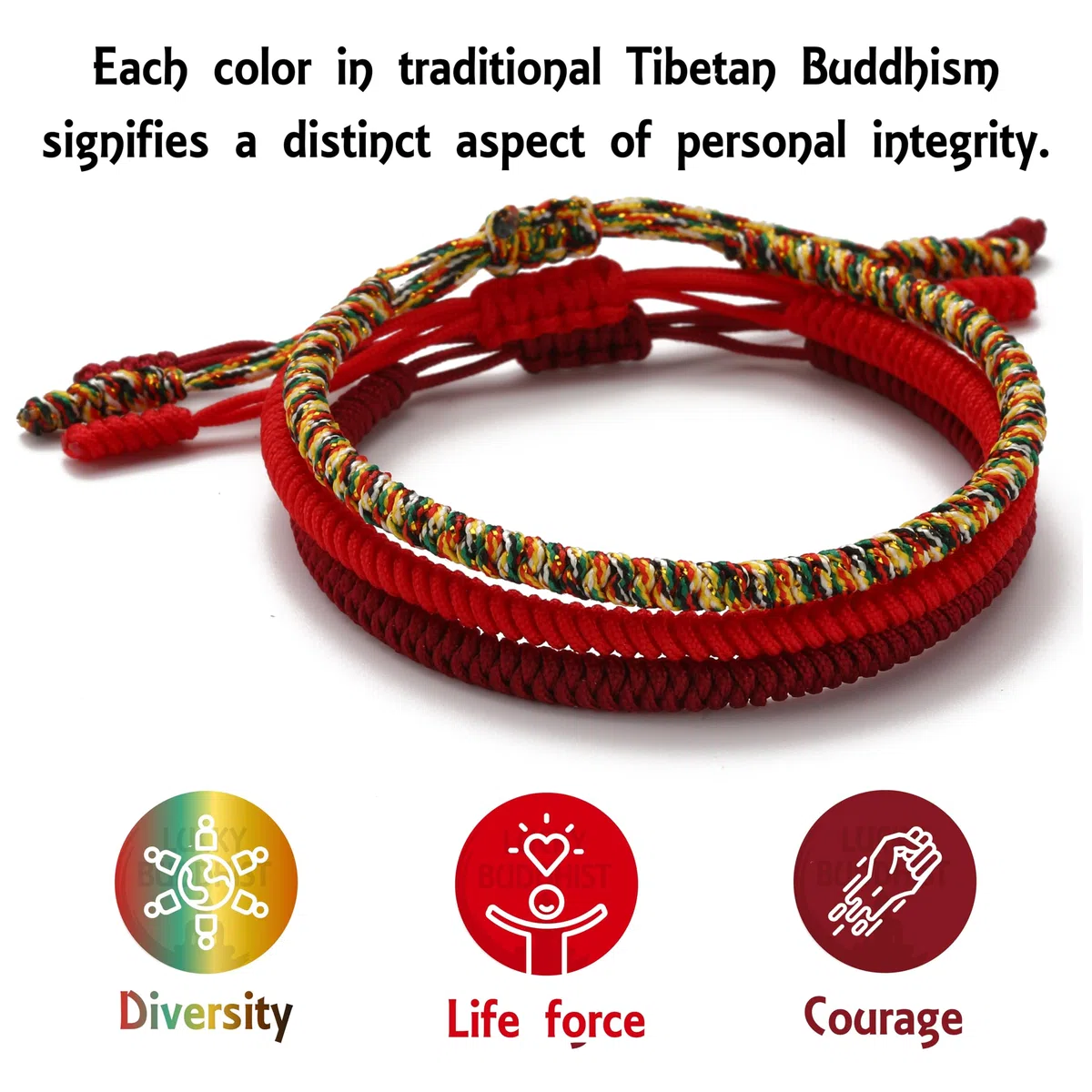 LUCKY BUDDHIST 3 Bracciali Tibetani Buddisti Regolabili – Bracciali in Corda Intrecciata per Uomo e Donna – Include Portachiavi Buddha in Legno