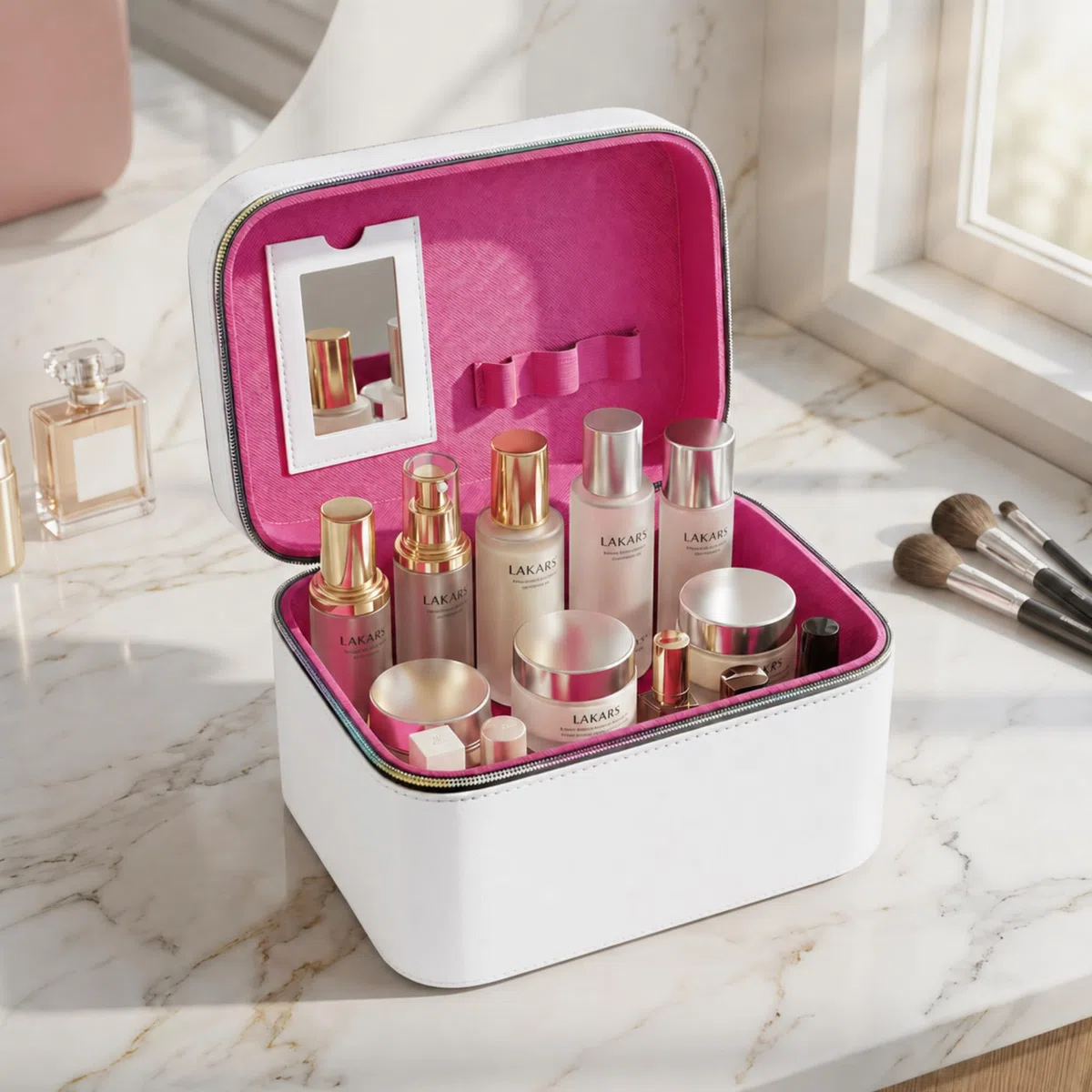 Beauty Case Donna da Viaggio Set 3 Pezzi, Borsa Porta Trucchi Rigida in Similpelle PU, Trousse Make Up con Manico e Zip, Valigetta Organizer Cosmetici Grande Medio Piccolo,Bianco tinta unita