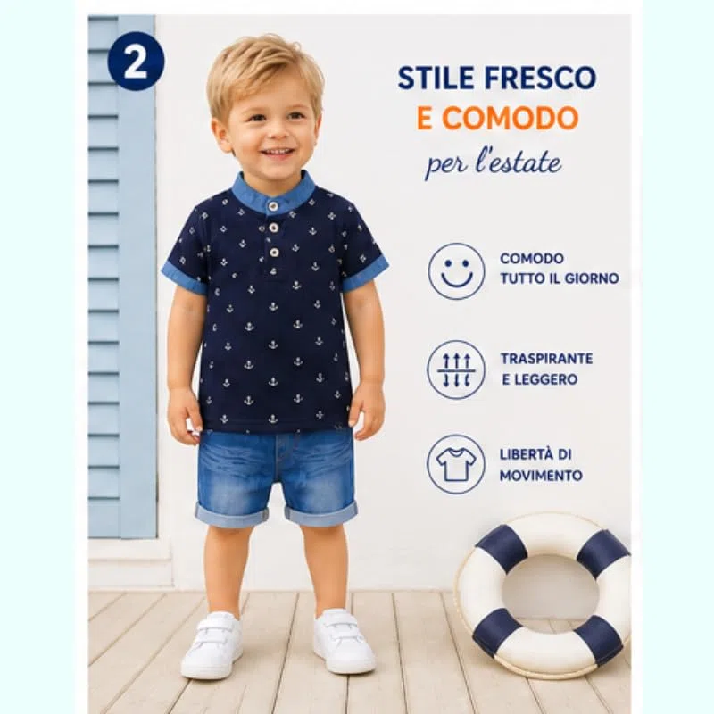 OrJana Completo Bambino 2 Pezzi, Polo con Ancore e Pantaloncini Jeans Leggeri Blu