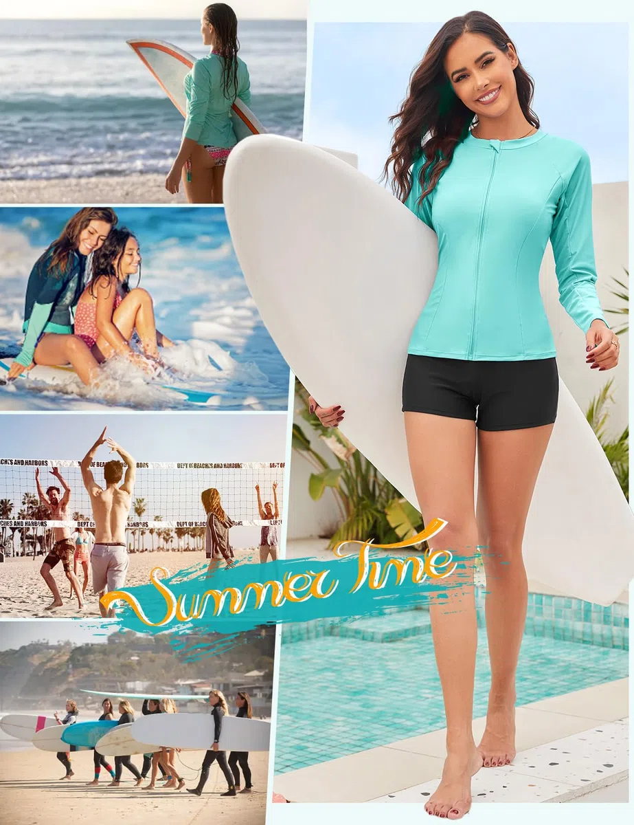 Tuopuda Rash Guard Donna Maniche Lunghe Maglietta Anti UV UPF50+ Top Protezione Solare Camicie da Bagno Asciugatura Rapida con Chiusura Lampo per Nuoto Surf Snorkeling