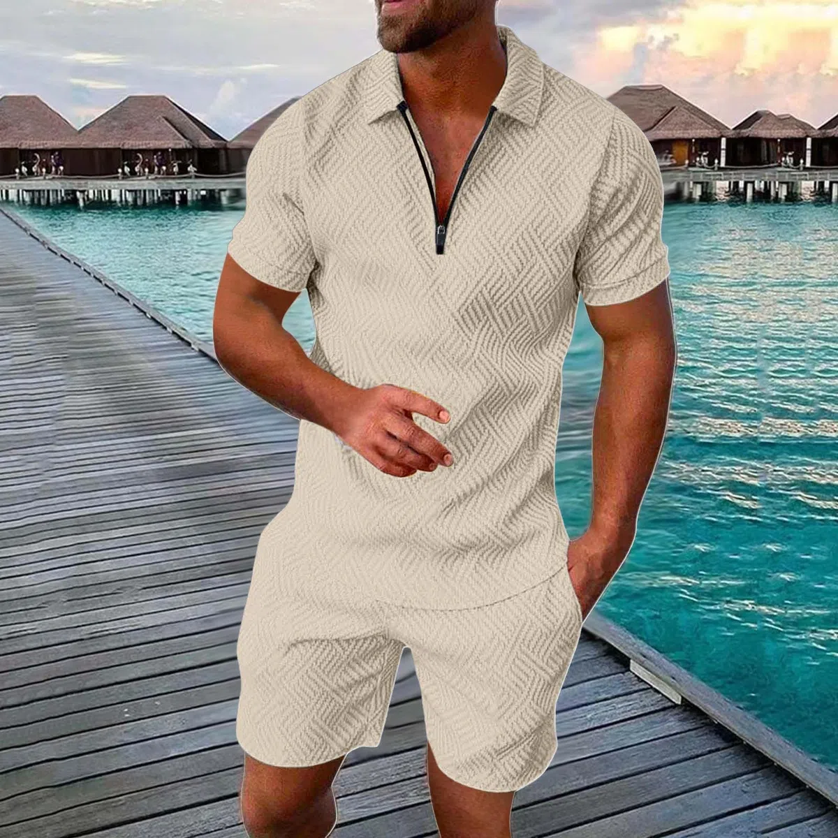 WWricotta Tuta Uomo Sportiva Maniche Corte Cerniera T-Shirt e Pantaloncini Estiva 2 Pezzi Set Completo Completa Cotone Leggero Tute Due Maglietta E Complete