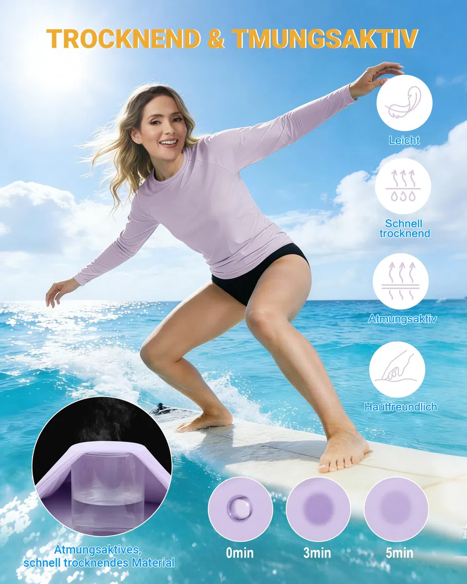MEETYOO Maglietta a Maniche Lunghe UPF 50+, da Donna e Rash Guard, Traspirante, Delicata sulla Pelle, Asciugatura Rapida, con Cuciture rinforzate, Ideale per Surf, Canottaggio e Fitness