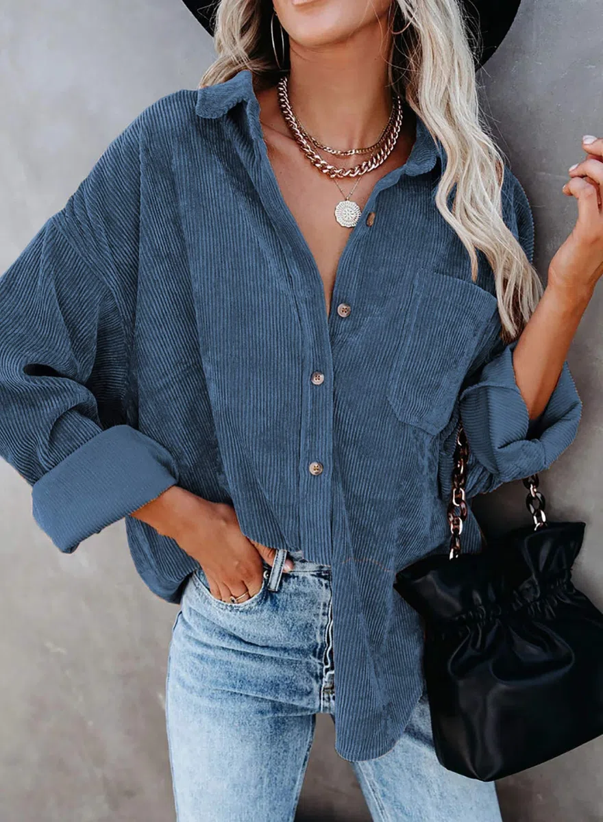 Necooer Camicia da donna in velluto a maniche lunghe con bottoni
