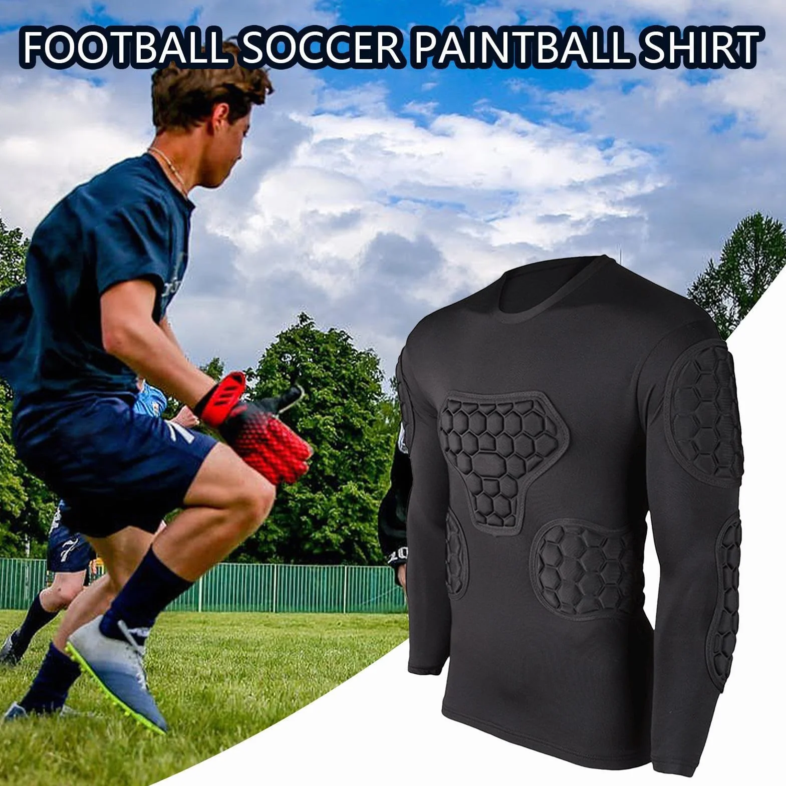 Maglia Imbottita A Compressione da Calcio, Bambini Ragazzi Camicia Imbottita A Compressione, Manica Lunga Maglia da Portiere, Camicie Imbottite Paintball per Calcio Basket Paintball