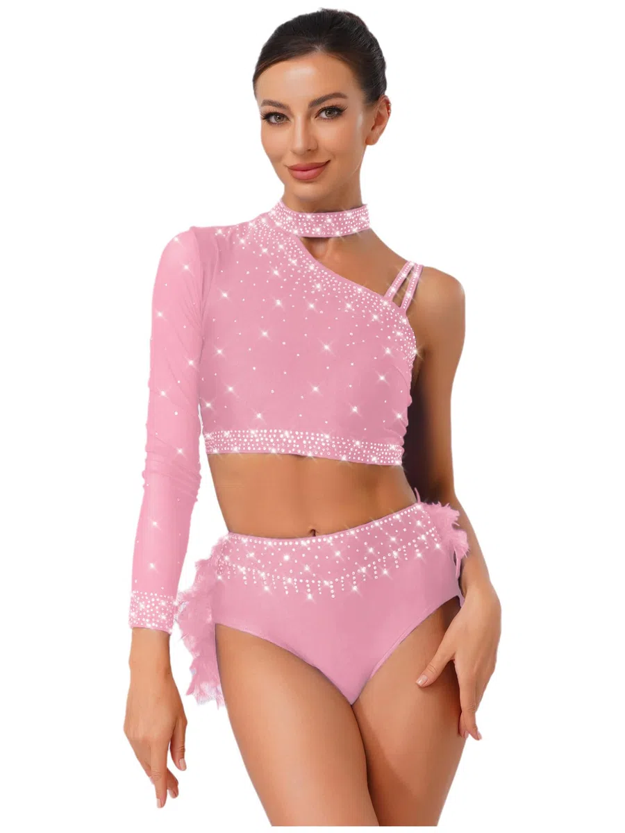 Freebily Abito da Ballo Latino Americano Donna Completo da Pattinaggio Artistico con Strass Crop Top Danza Classica Moderna Monospalla + Minigonna di Danza Dancewear