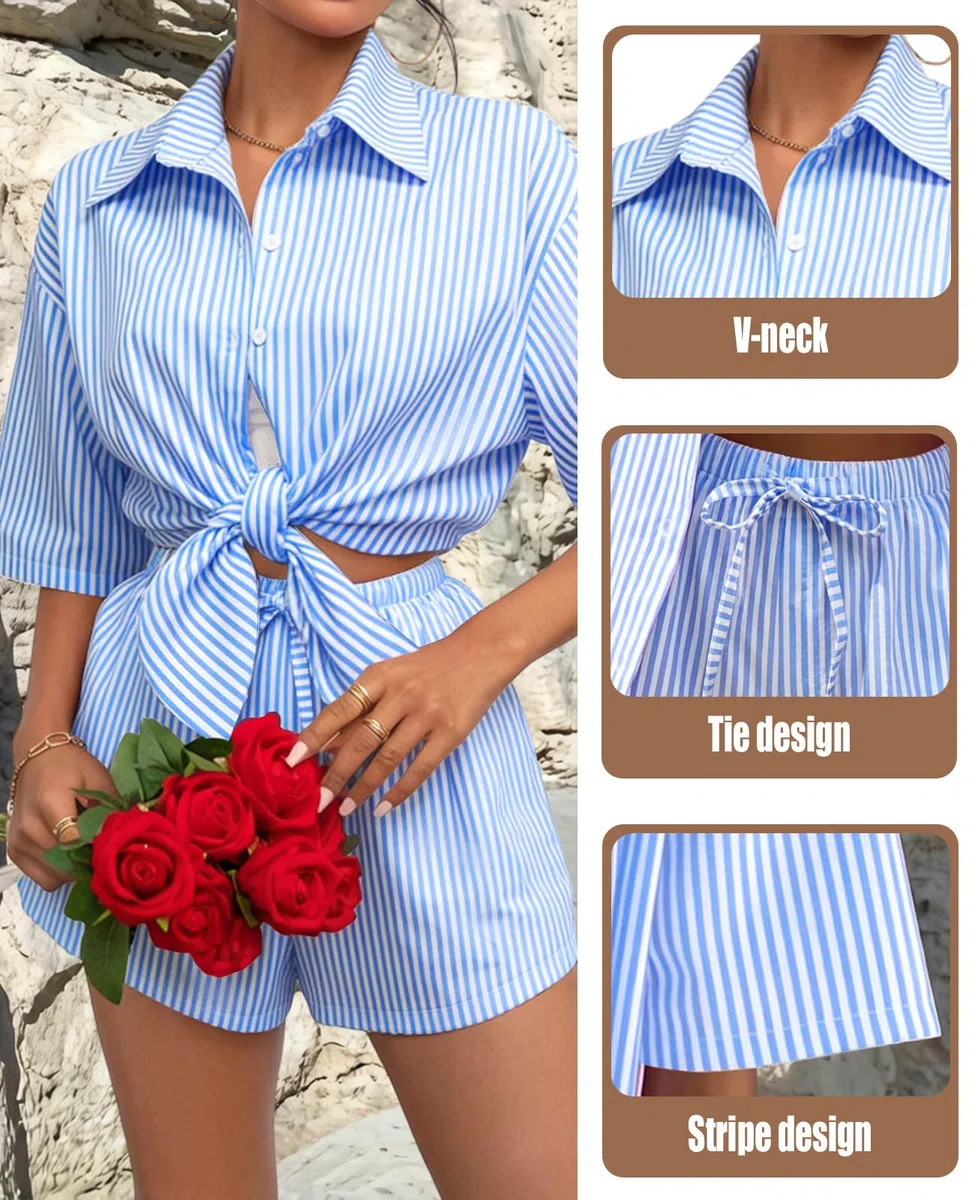 Rayson Completo Donna Estivo Righe 2 Pezzi Camicia Maniche Corto e Pantaloncini con Coulisse e Tasche Set Coordinati Completi Estivi Donna per Mare Spiaggia Lavoro