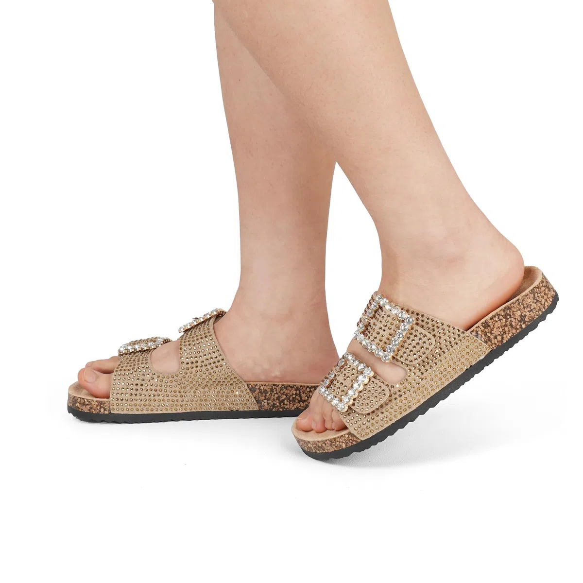 JOMIX Ciabatte Donna Estate Sandali Glitterate con Fibbia Strass Pantofole con Suola in Sughero Comode Antiscivolo per Vacanze e Passeggiate Casual Beach