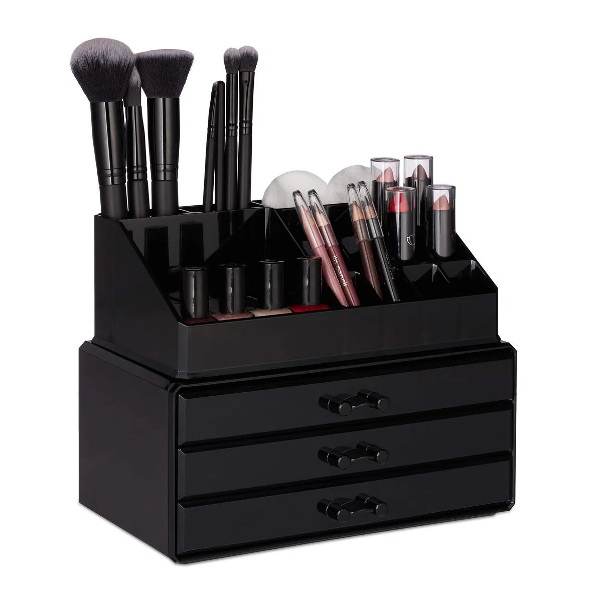 Relaxdays Portatrucchi, 2 Organizer Combinabili, Portaoggetti per Cosmetici con Cassetti, Multiuso, Versatile, Nero