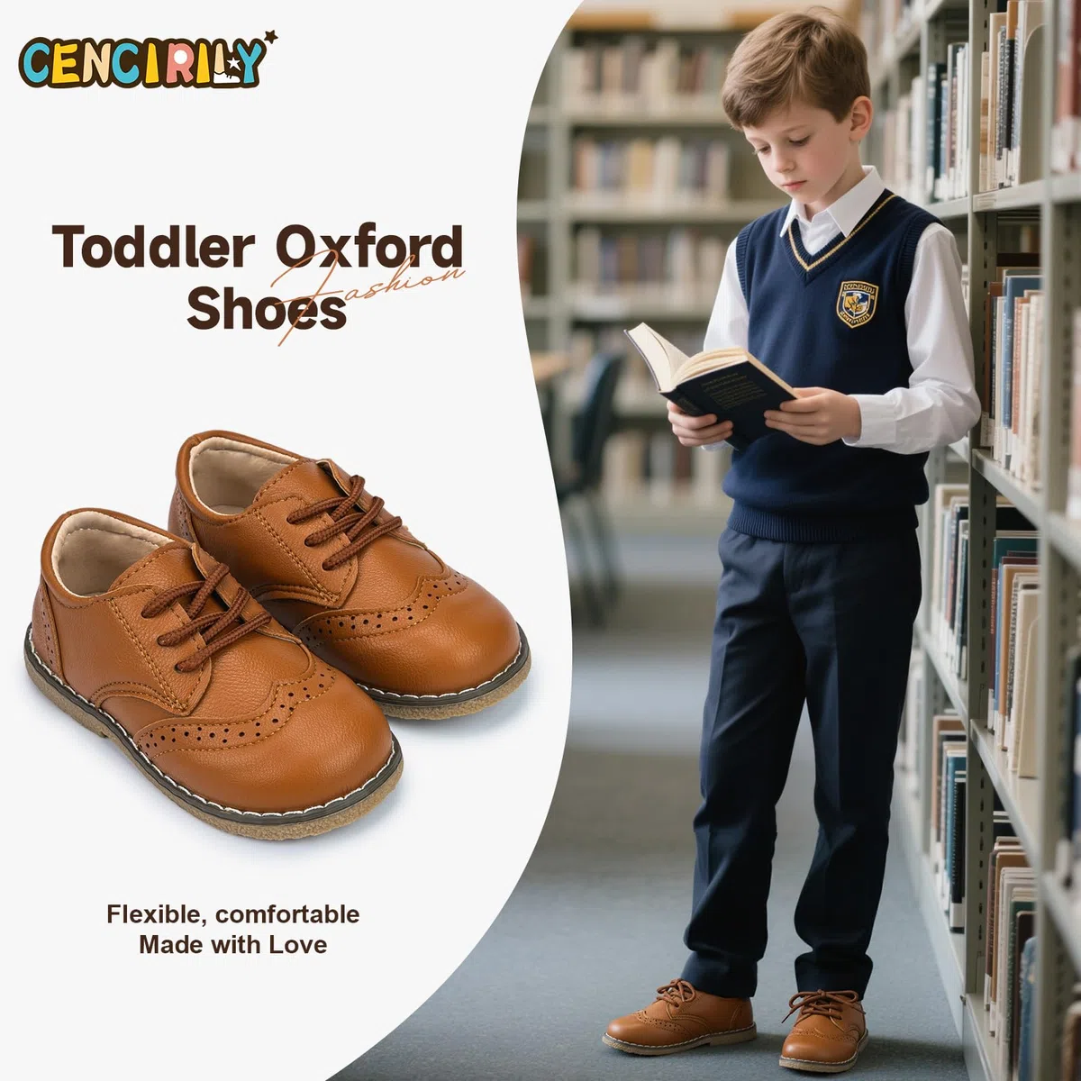 CENCIRILY Scarpe Oxford per bambini, con lacci, suola antiscivolo, mocassini bassi per bambini, scarpe classiche per uniforme scolastica