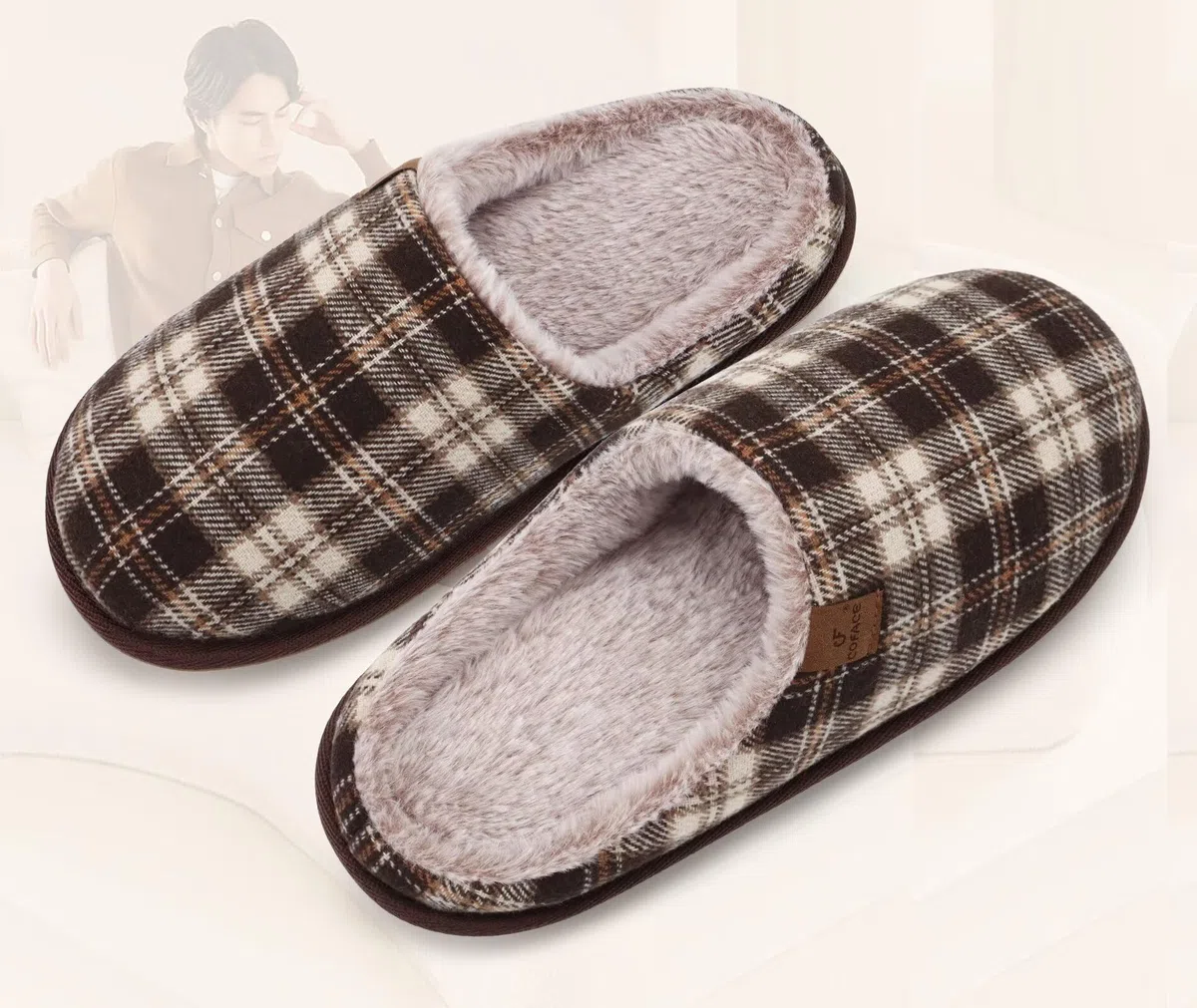 COFACE Pantofole da Uomo Invernali Plaid, Comoda Memory Foam Calde Scarpe da Casa in Lana con Suola Antiscivolo 40-49
